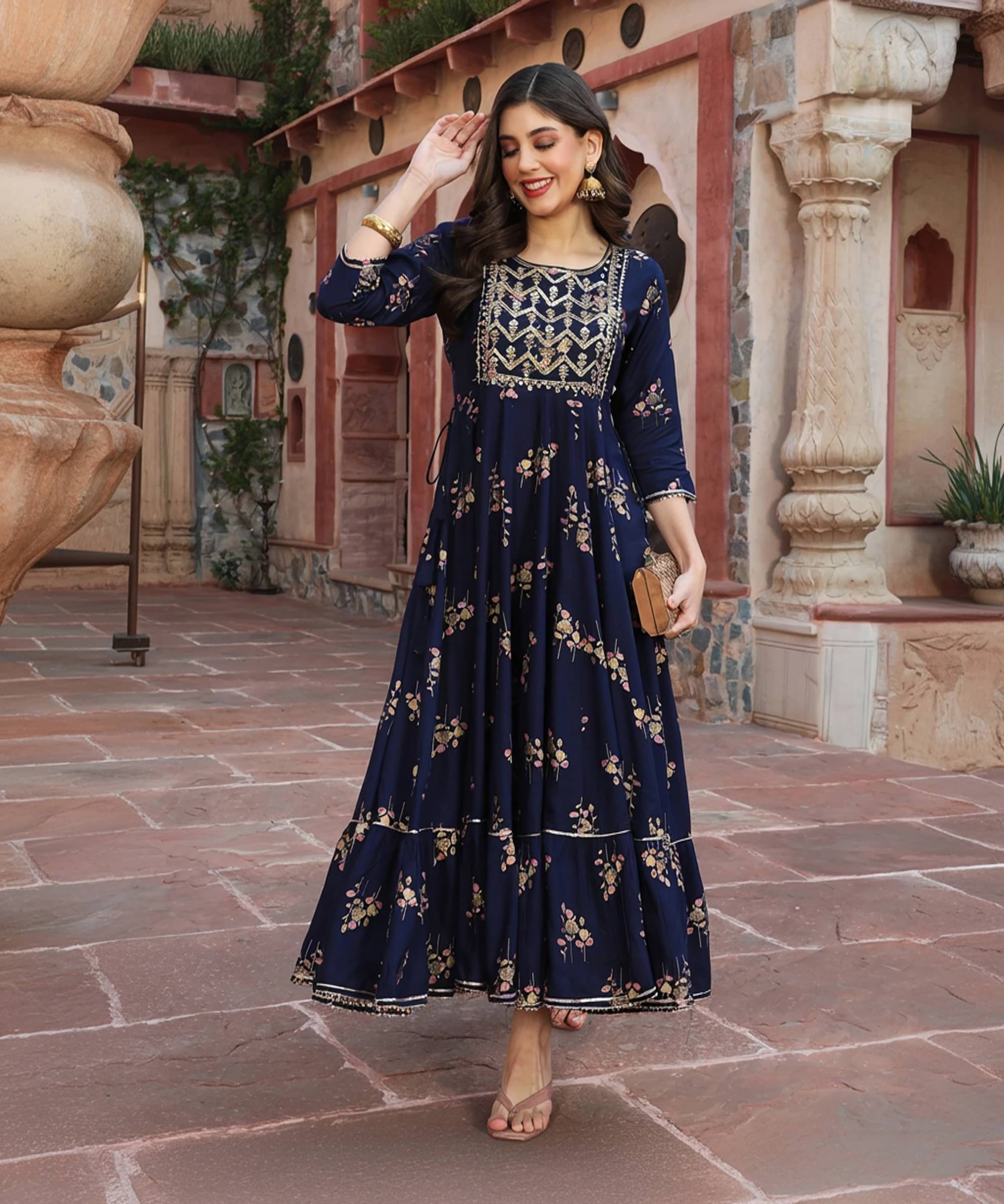 Gulmohar Jaipur Women Viscose Rayon Printed Flared Kurti ( Dark Blue ) Gulmohar Jaipur Women Viscose Rayon Printed Flared Kurti ( Dark Blue )