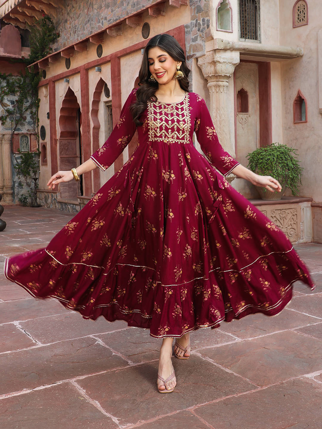 Gulmohar Jaipur Women Viscose Rayon Printed Flared Kurti ( Maroon ) Gulmohar Jaipur Women Viscose Rayon Printed Flared Kurti ( Maroon )