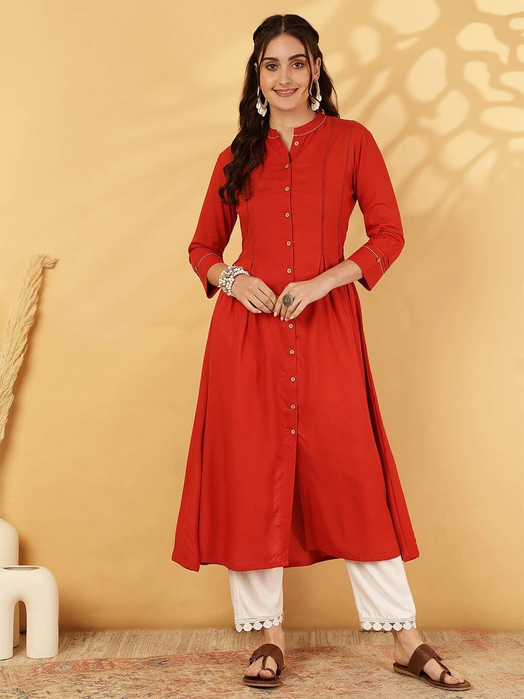 Gulmohar Jaipur Women Viscose Rayon Solid A-line Kurti ( Red ) Gulmohar Jaipur Women Viscose Rayon Solid A-line Kurti ( Red )
