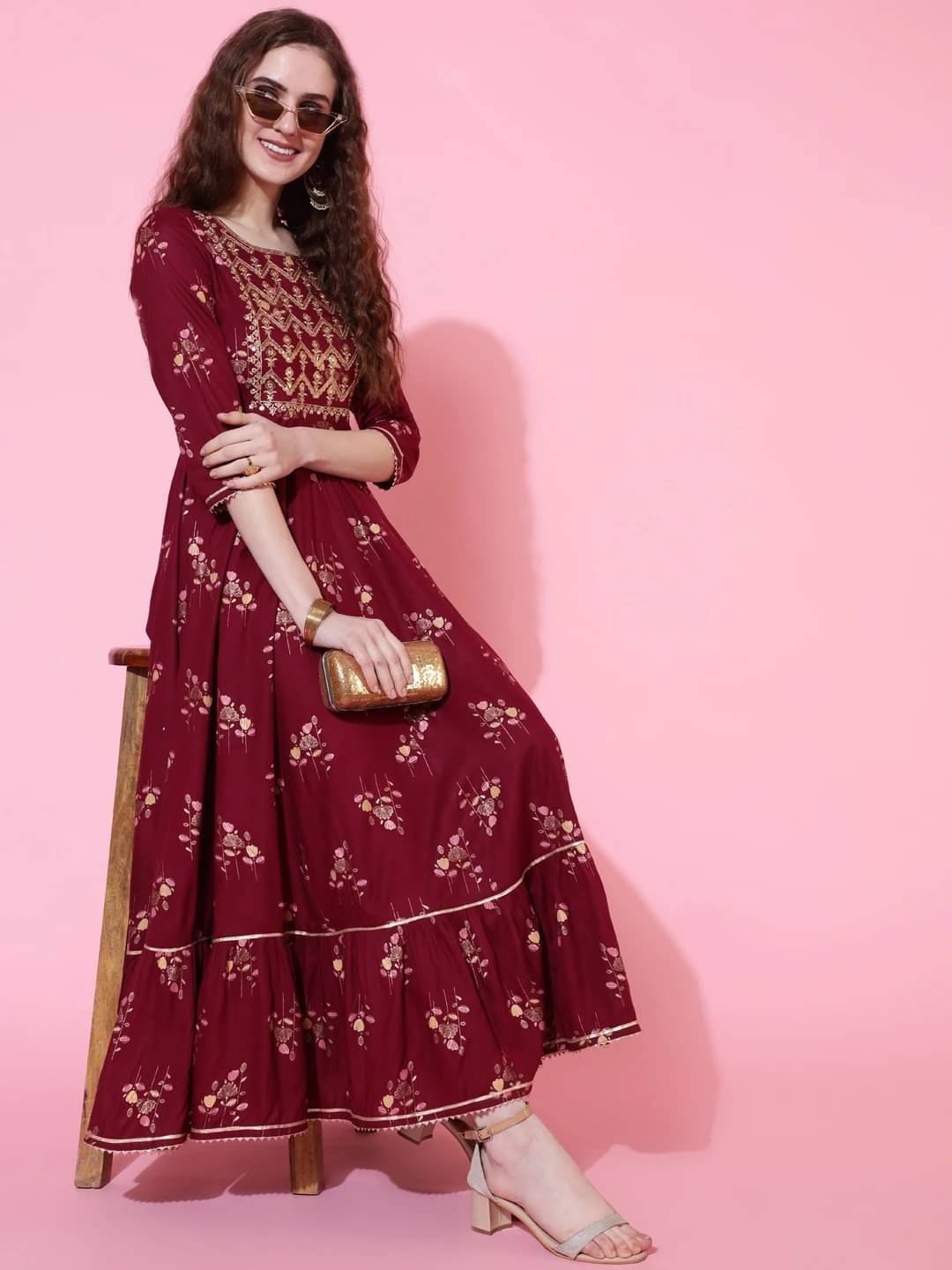     			Gulmohar Jaipur Women Viscose Rayon Printed Flared Kurti ( Maroon )