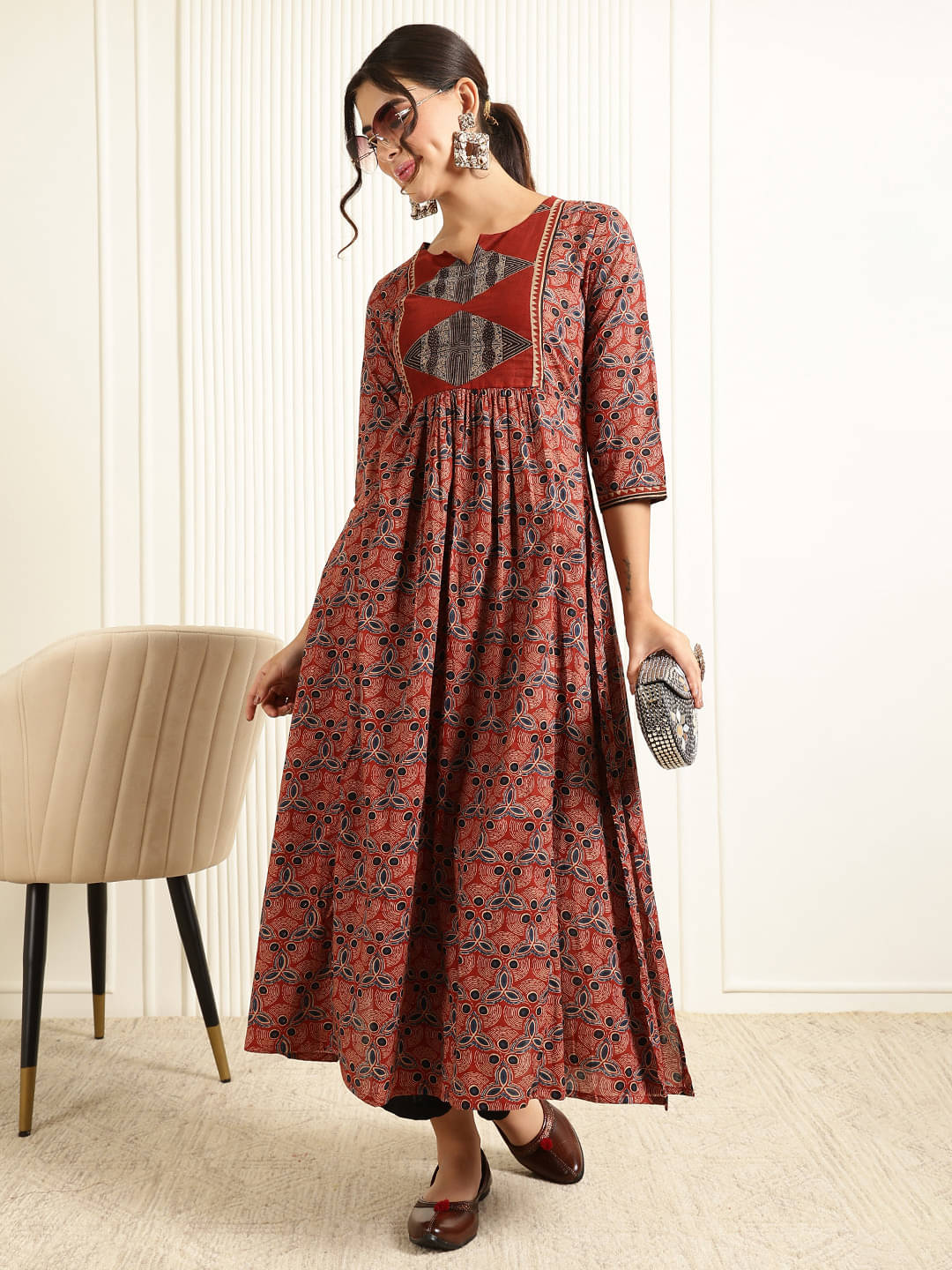     			Gulmohar Jaipur Women Viscose Rayon Printed Flared Kurti ( Maroon )