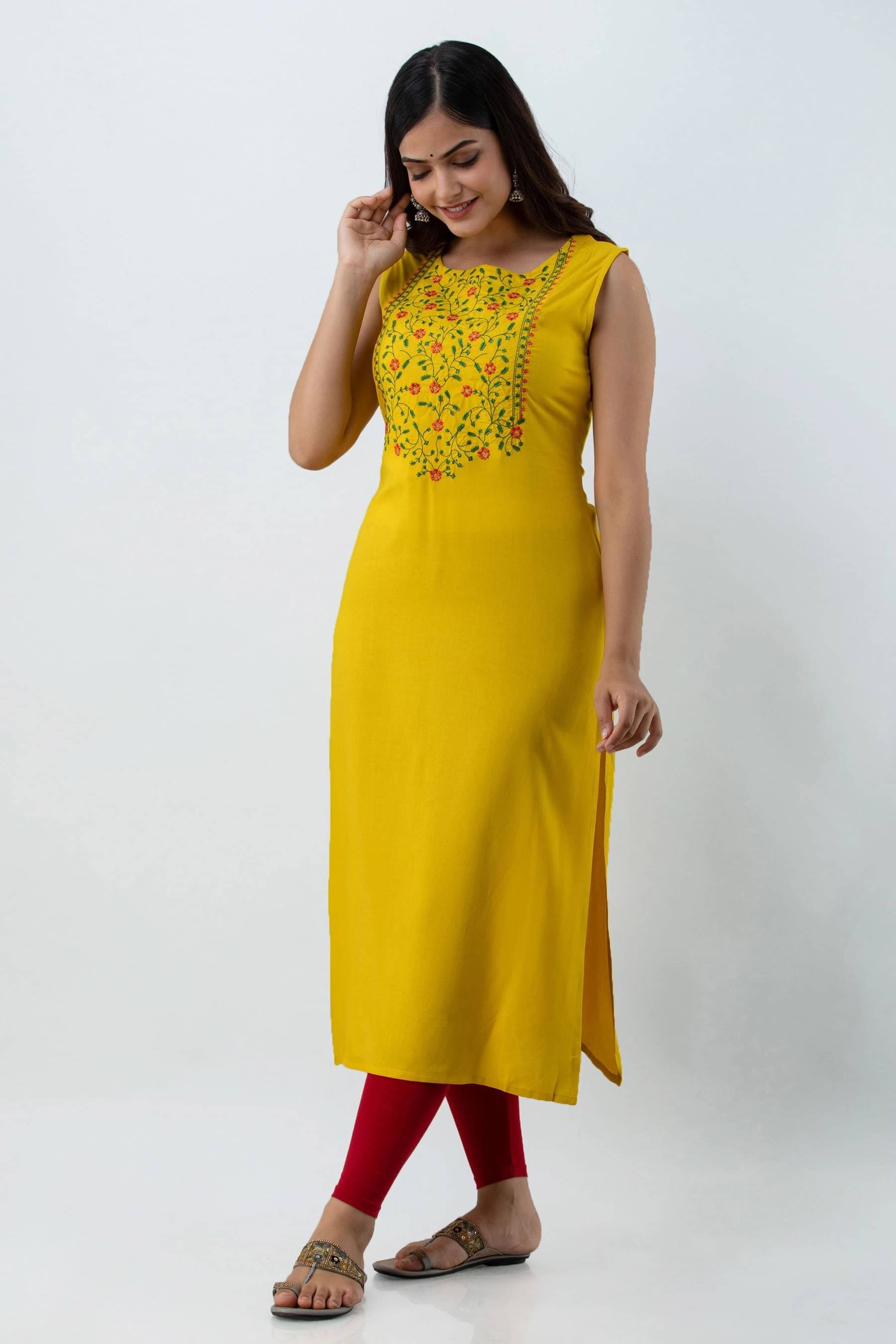 Gulmohar Jaipur Women Viscose Rayon Embroidered Straight Kurti ( Yellow ) Gulmohar Jaipur Women Viscose Rayon Embroidered Straight Kurti ( Yellow )
