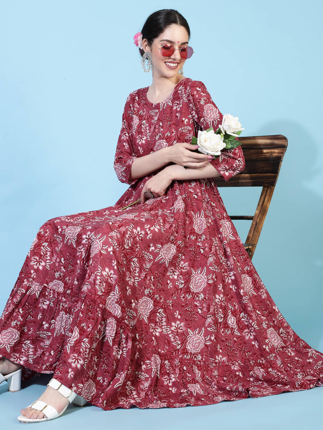Gulmohar Jaipur Women Viscose Rayon Printed Flared Kurti ( Maroon ) Gulmohar Jaipur Women Viscose Rayon Printed Flared Kurti ( Maroon )