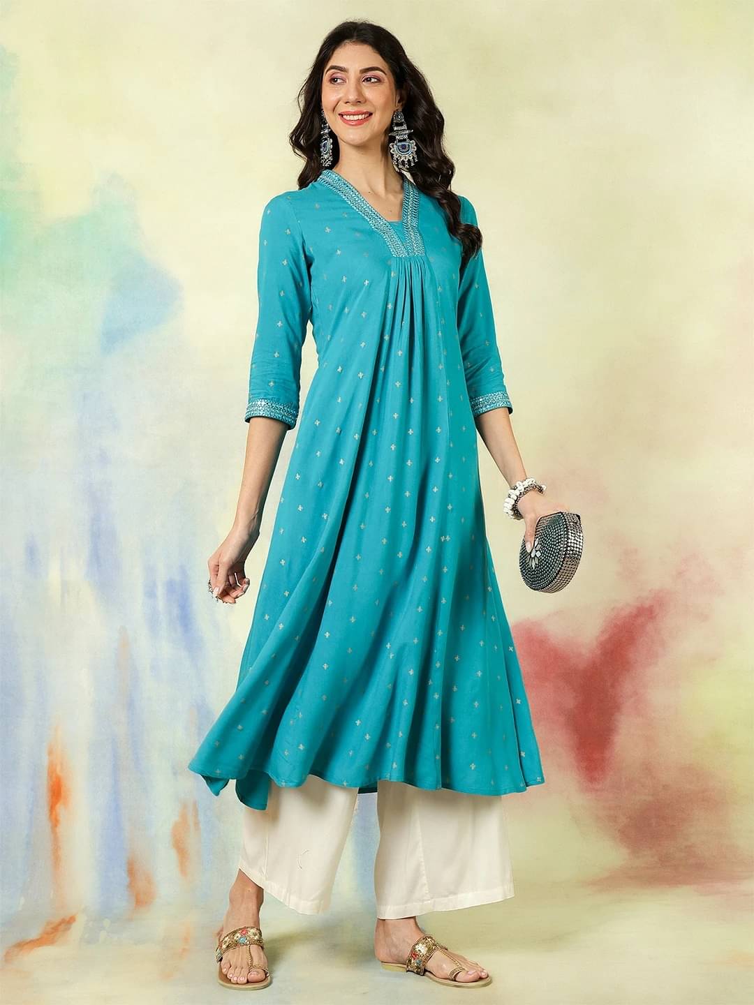 Gulmohar Jaipur Women Viscose Rayon Solid Flared Kurti ( Light Blue ) Gulmohar Jaipur Women Viscose Rayon Solid Flared Kurti ( Light Blue )