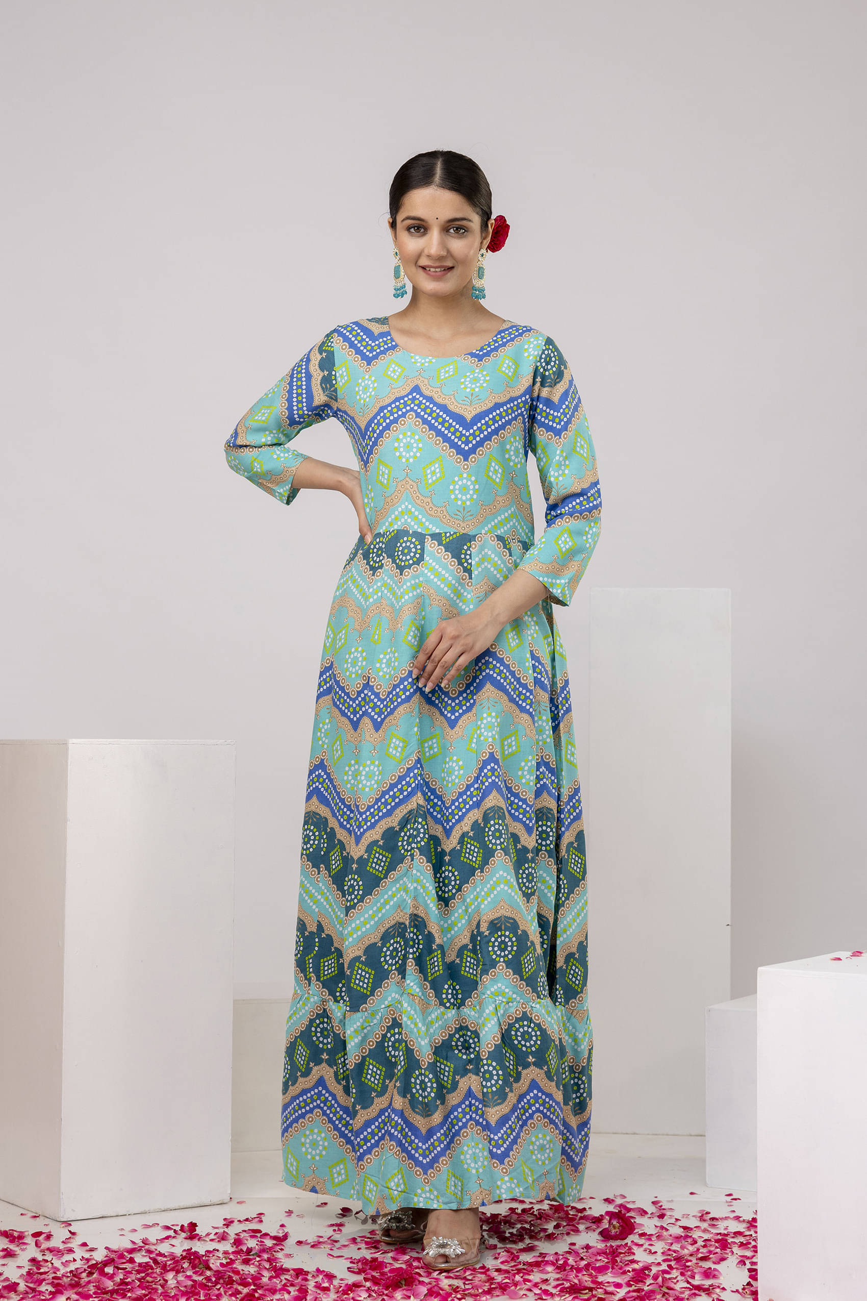 Gulmohar Jaipur Women Viscose Rayon Printed Flared Kurti ( Green ) Gulmohar Jaipur Women Viscose Rayon Printed Flared Kurti ( Green )
