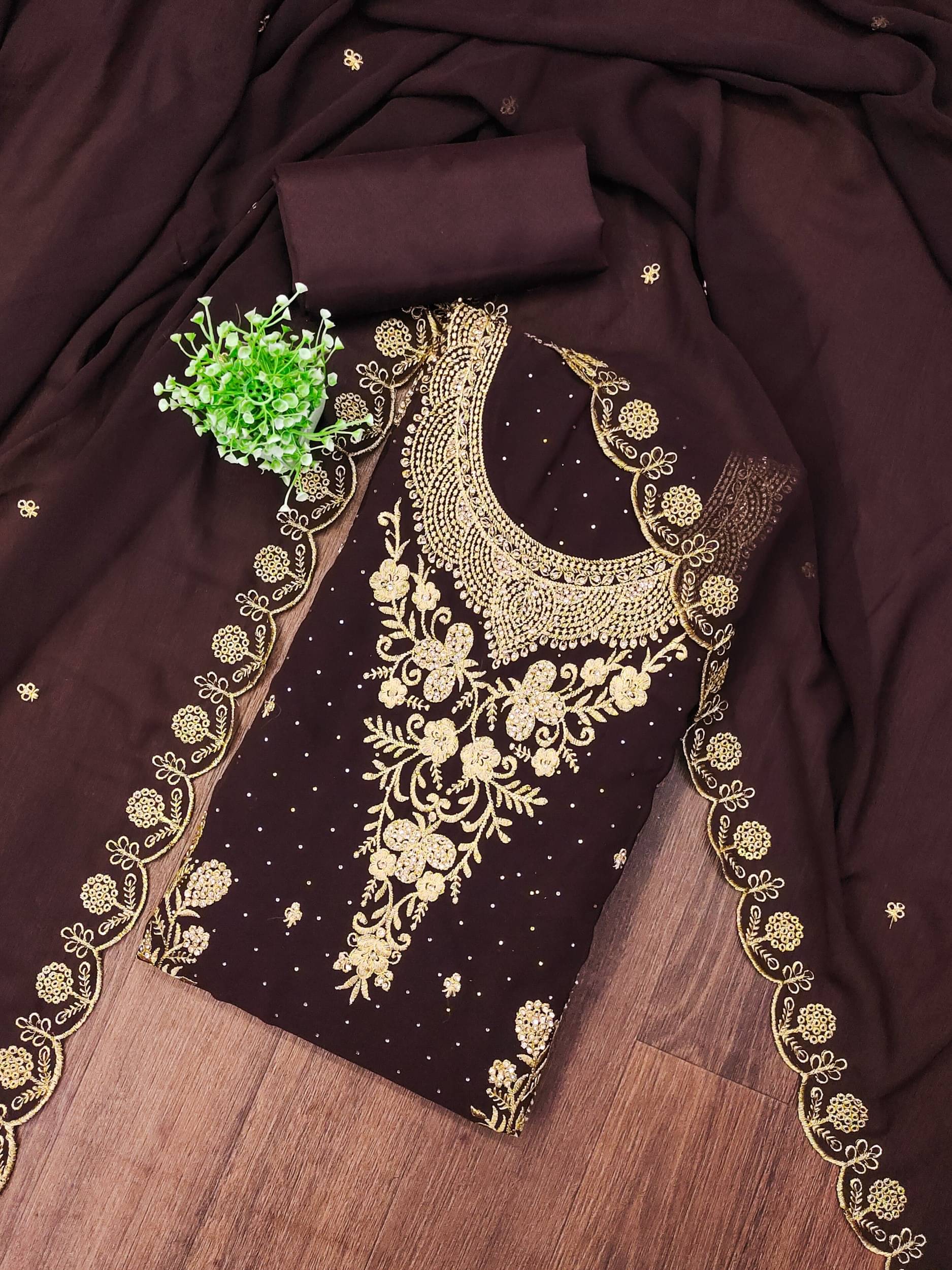 Panbai sarees Women Georgette Unstitched Dress Material ( Brown ) Panbai sarees Women Georgette Unstitched Dress Material ( Brown )