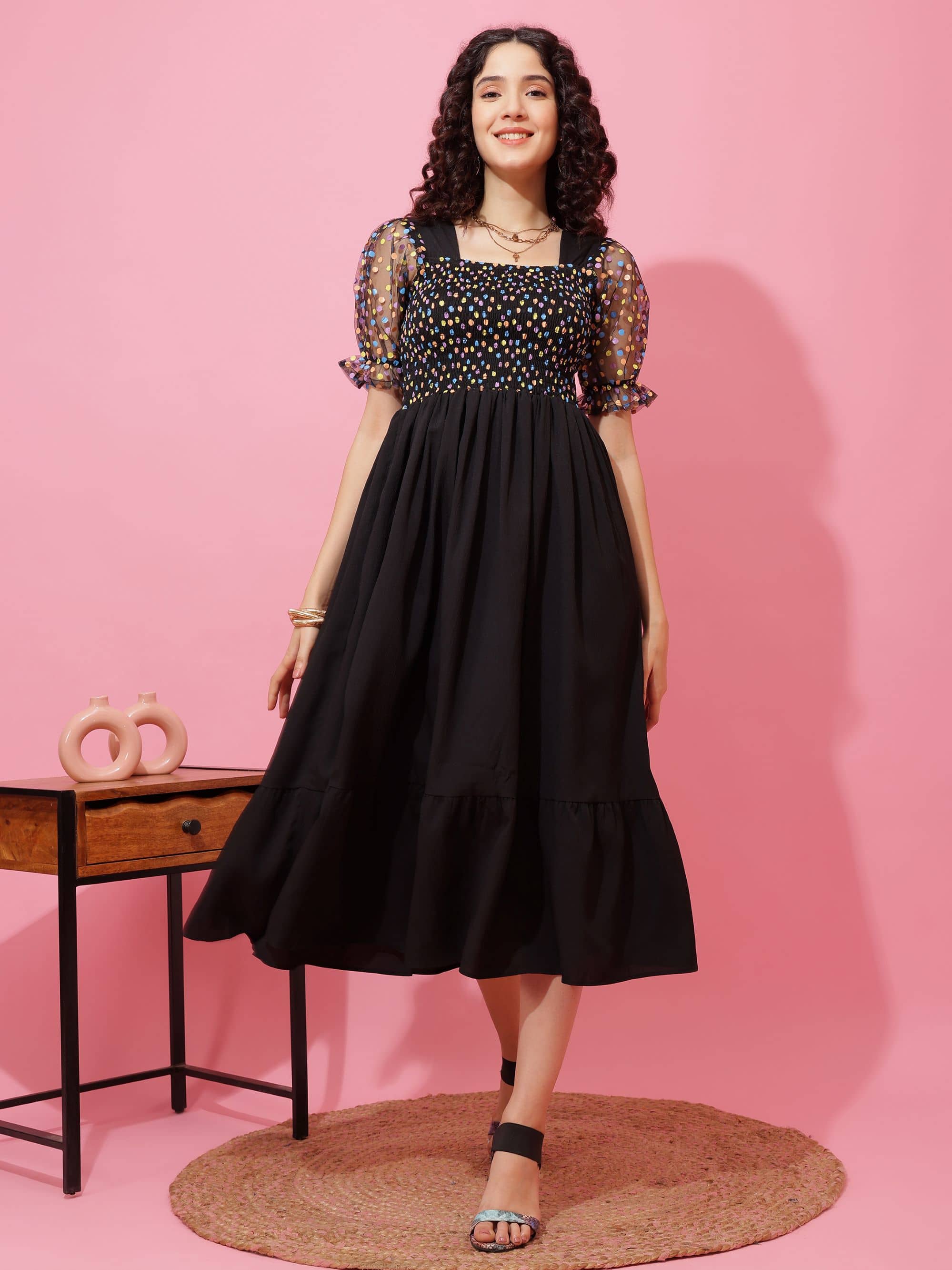 Sheetal associates Women Crepe Solid Fit & Flare Dress ( Black )
