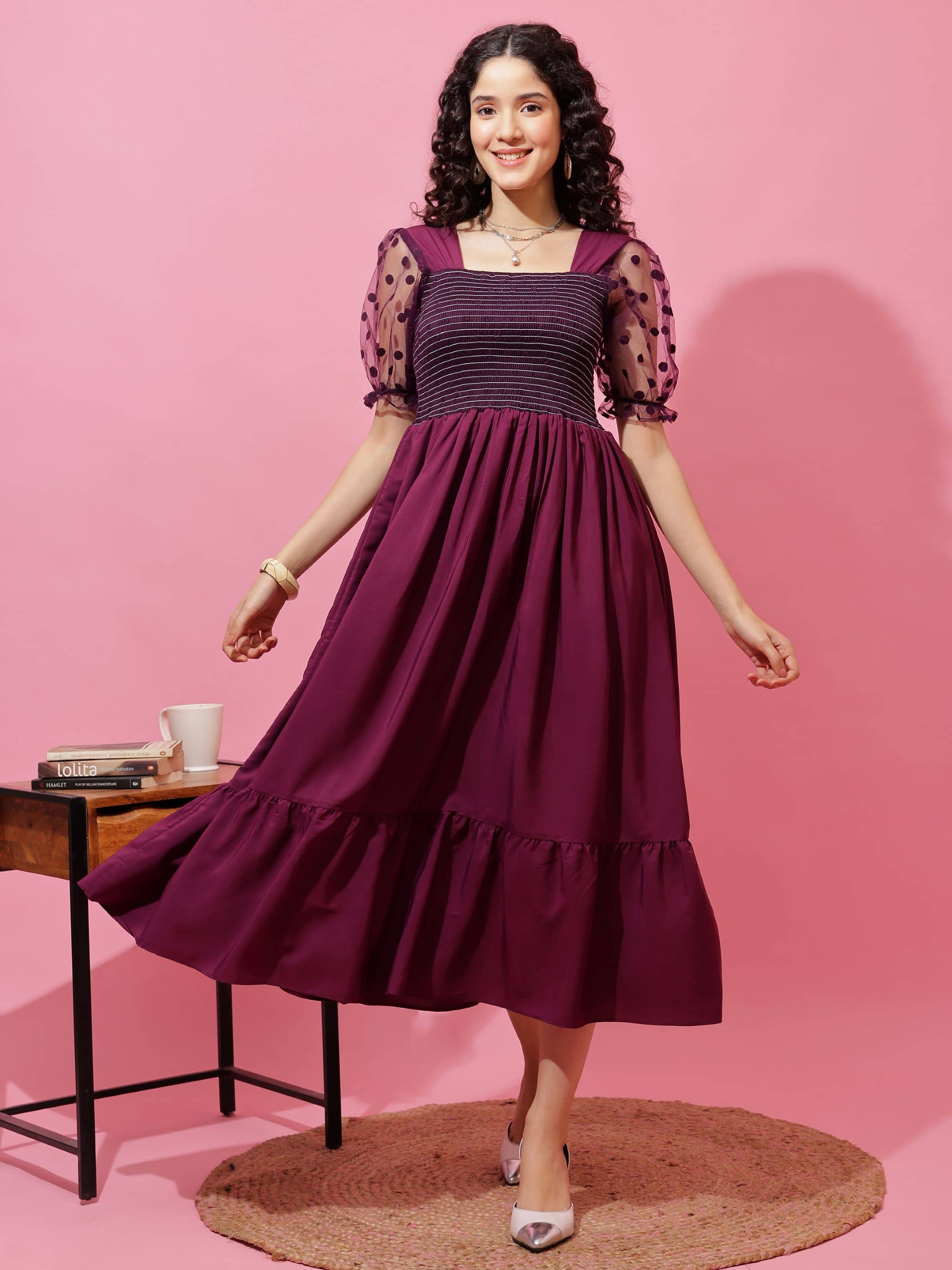 Sheetal associates Women Crepe Solid Fit & Flare Dress ( Purple )