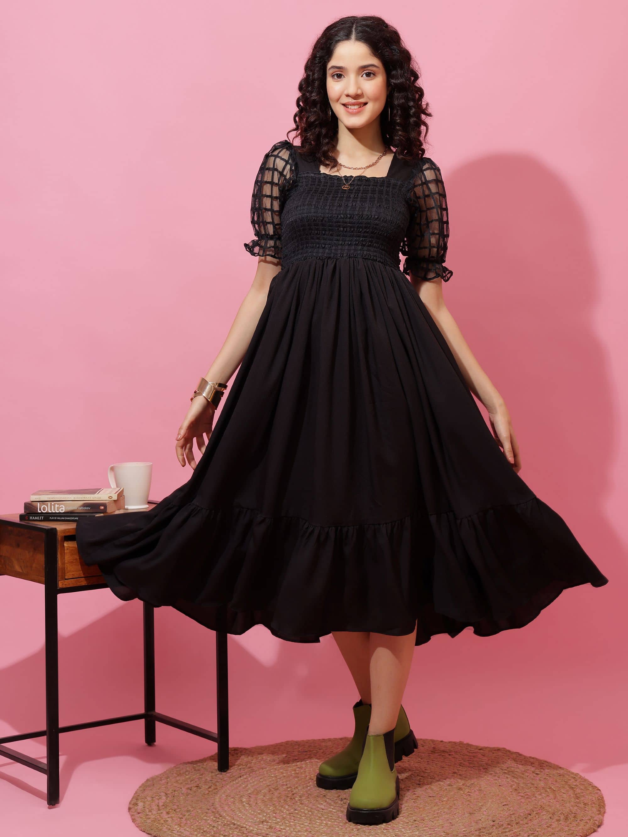 Sheetal associates Women Crepe Solid Fit & Flare Dress ( Black )