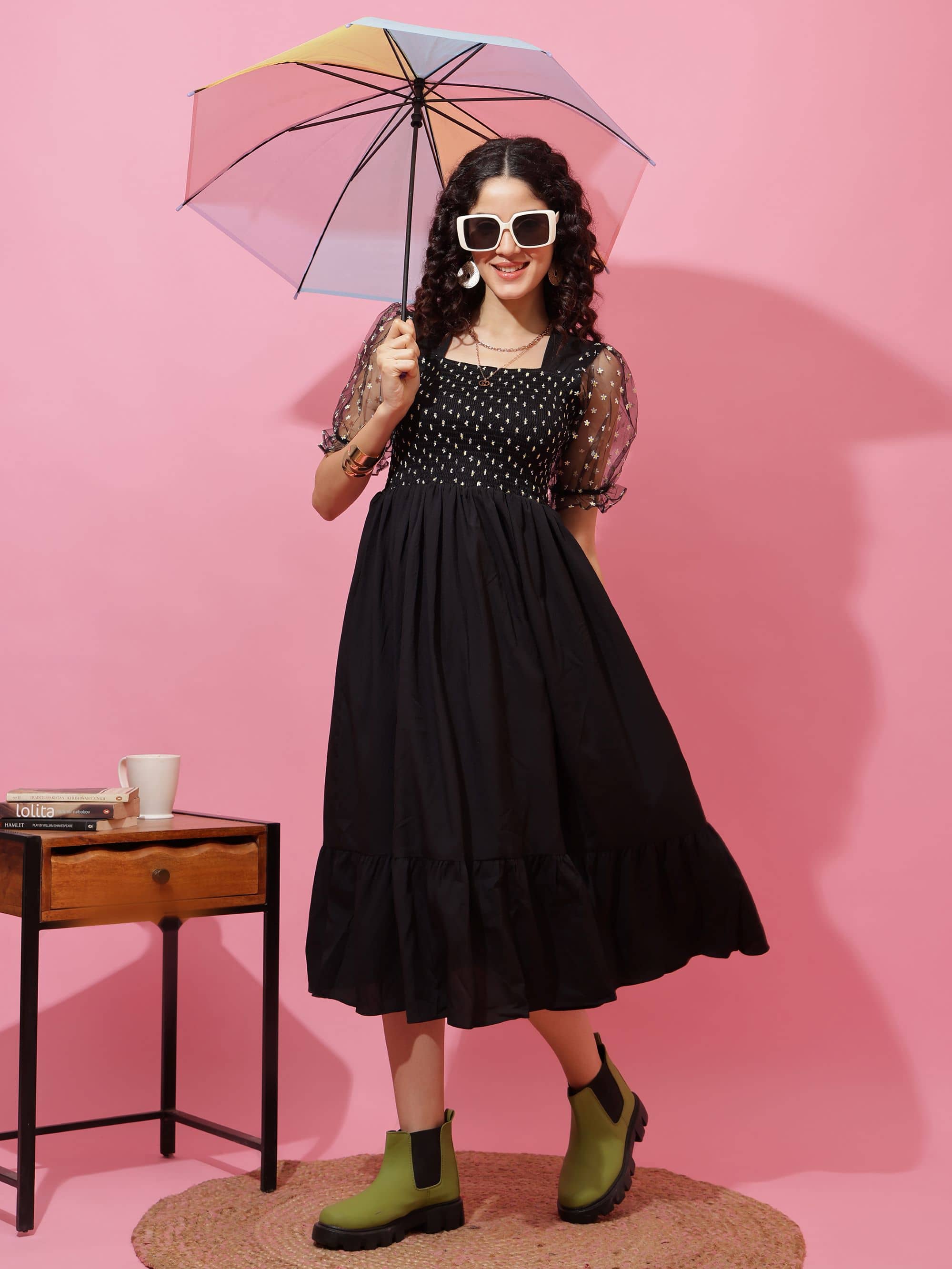 Sheetal associates Women Crepe Solid Fit & Flare Dress ( Black )