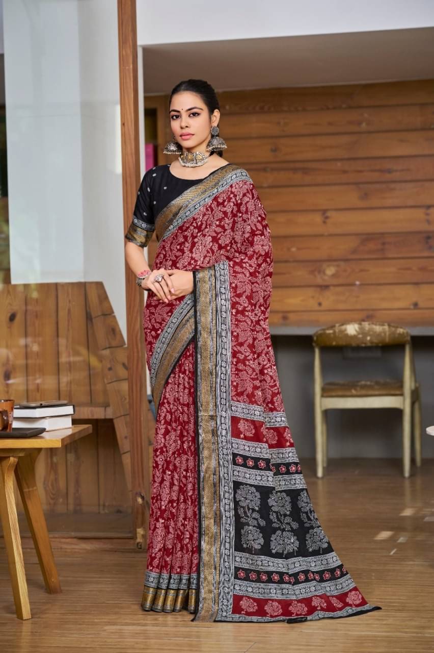     			Sonick Enterprise Cotton Printed Regular Saree With Unstitched Blouse Piece ( Maroon )