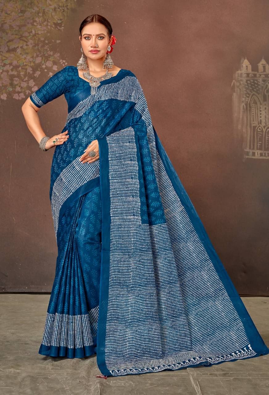 Sonick Enterprise Cotton Printed Regular Saree With Unstitched Blouse Piece ( Blue ) Sonick Enterprise Cotton Printed Regular Saree With Unstitched Blouse Piece ( Blue )