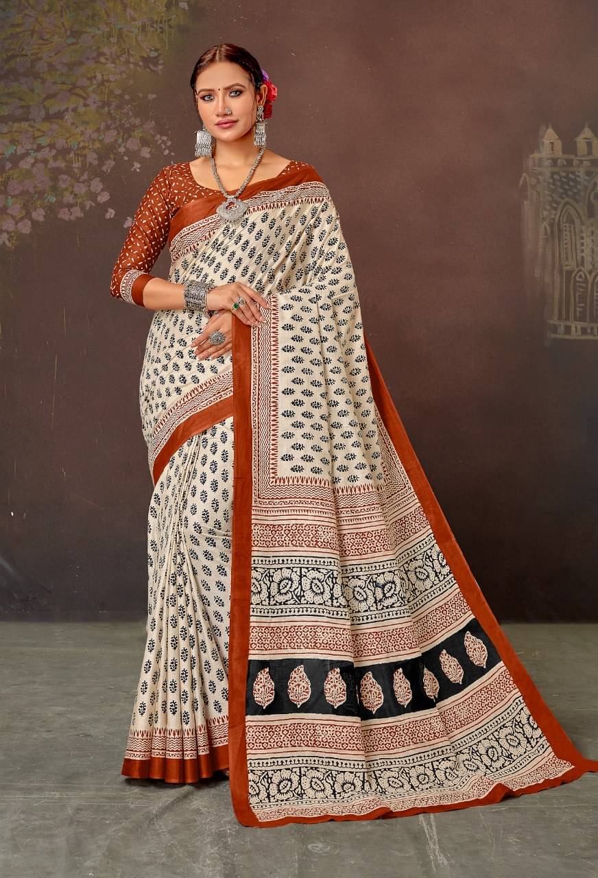 Vasu Creation Cotton Printed Regular Saree With Unstitched Blouse Piece ( Cream ) Vasu Creation Cotton Printed Regular Saree With Unstitched Blouse Piece ( Cream )