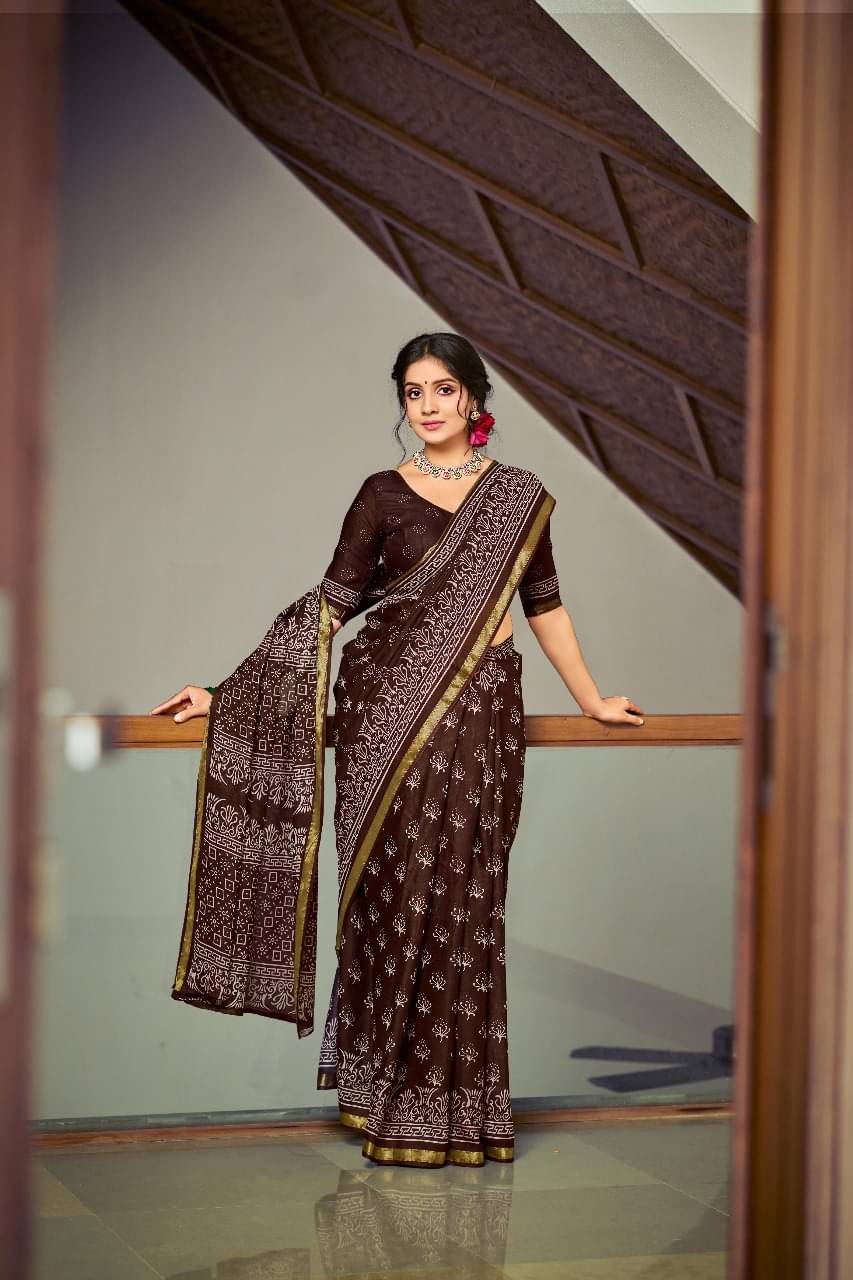 Vasu Creation Cotton Printed Regular Saree With Unstitched Blouse Piece ( Brown ) Vasu Creation Cotton Printed Regular Saree With Unstitched Blouse Piece ( Brown )