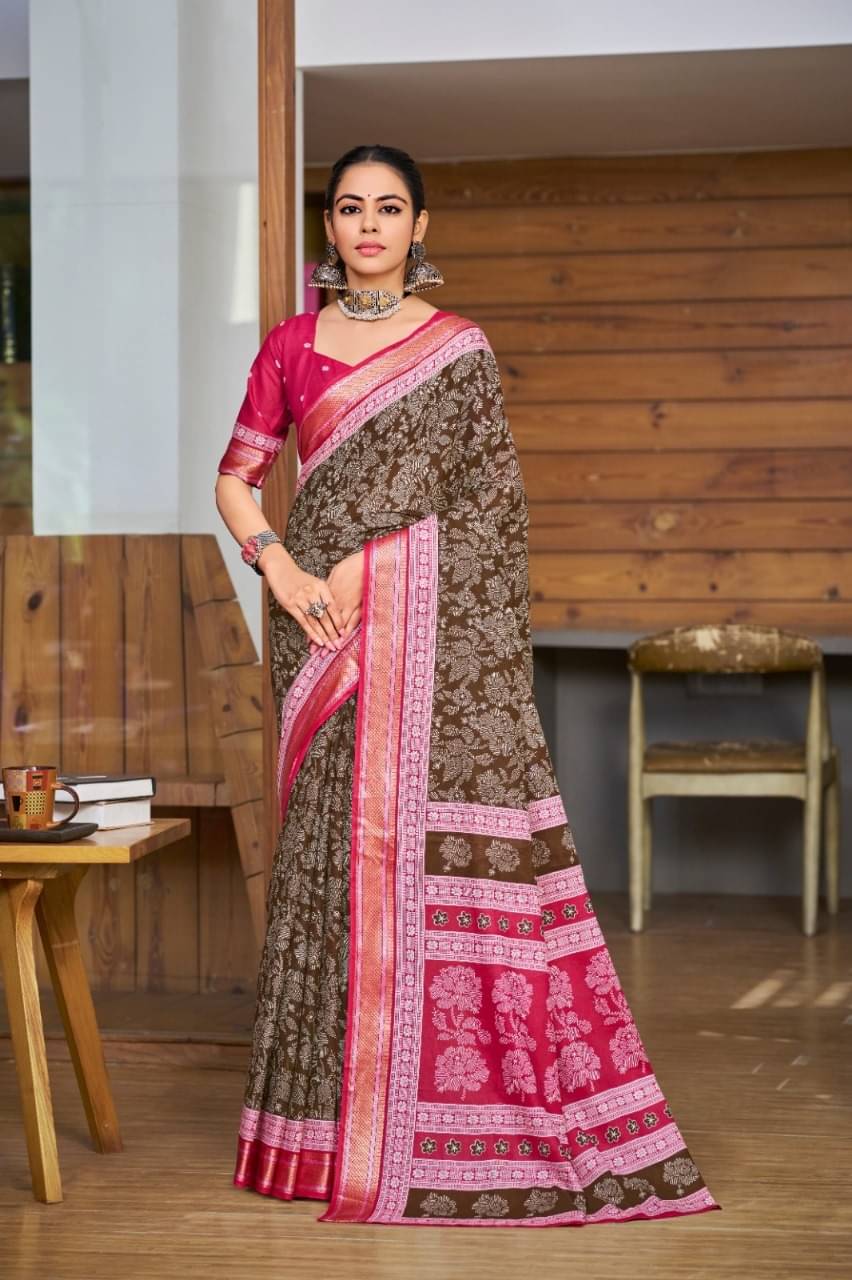 Vasu Creation Cotton Printed Regular Saree With Unstitched Blouse Piece ( Brown ) Vasu Creation Cotton Printed Regular Saree With Unstitched Blouse Piece ( Brown )