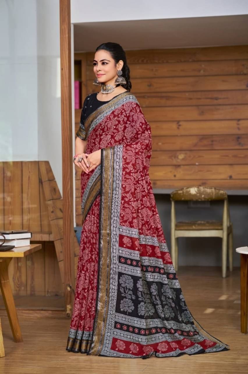 Vasu Creation Cotton Printed Regular Saree With Unstitched Blouse Piece ( Maroon ) Vasu Creation Cotton Printed Regular Saree With Unstitched Blouse Piece ( Maroon )