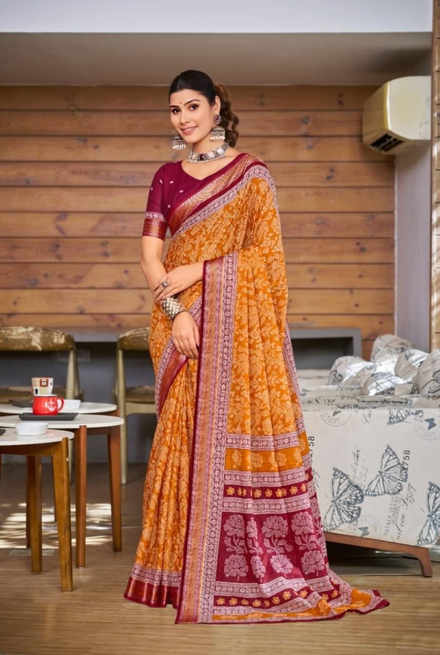 Vasu Creation Cotton Printed Regular Saree With Unstitched Blouse Piece ( Orange ) Vasu Creation Cotton Printed Regular Saree With Unstitched Blouse Piece ( Orange )