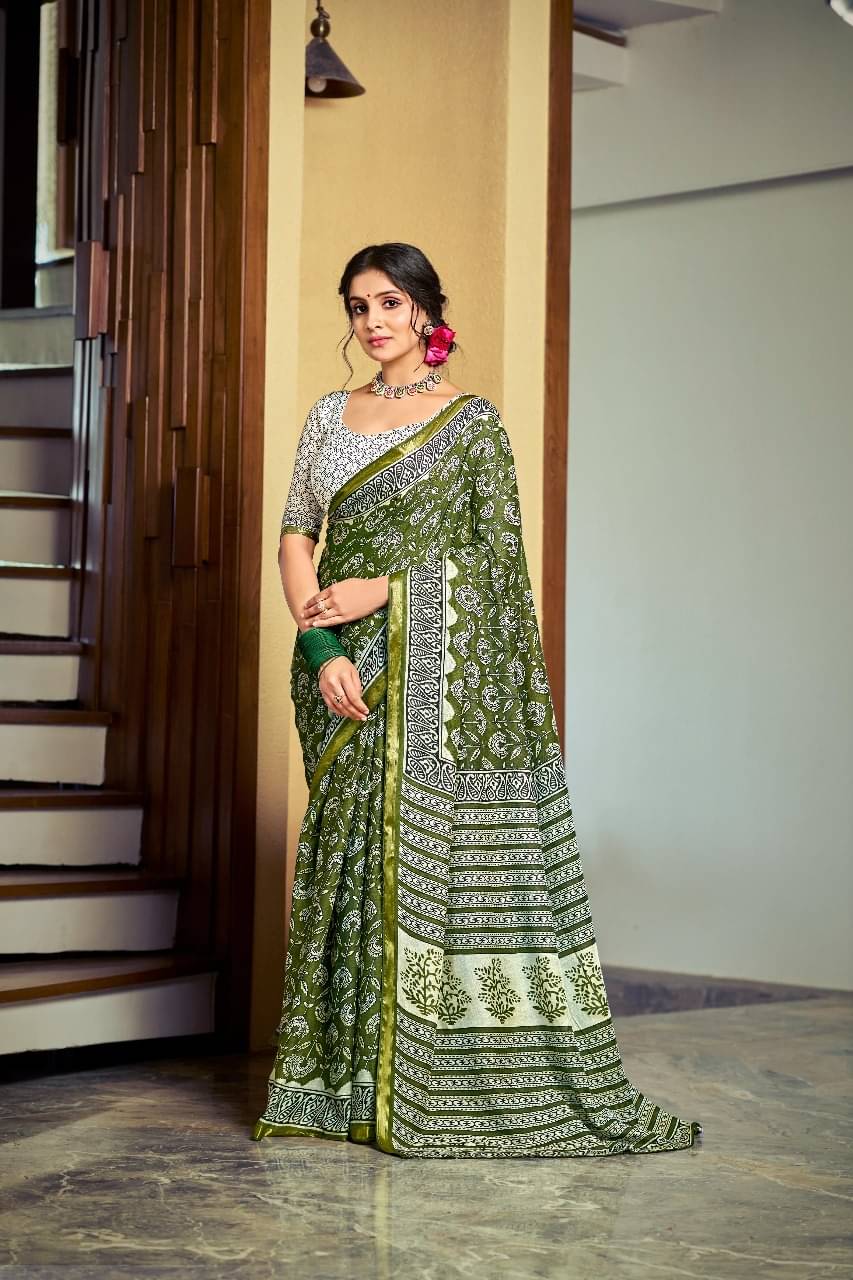     			Vasu Creation Cotton Printed Regular Saree With Unstitched Blouse Piece ( Lime Green )