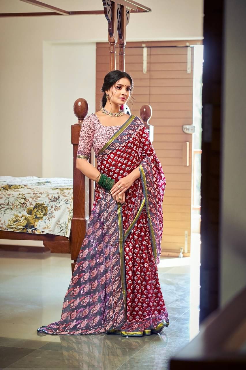 Vasu Creation Cotton Printed Regular Saree With Unstitched Blouse Piece ( Maroon ) Vasu Creation Cotton Printed Regular Saree With Unstitched Blouse Piece ( Maroon )