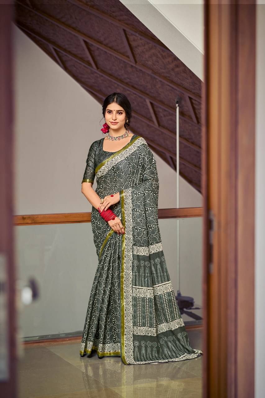     			Vasu Creation Cotton Printed Regular Saree With Unstitched Blouse Piece ( Grey )