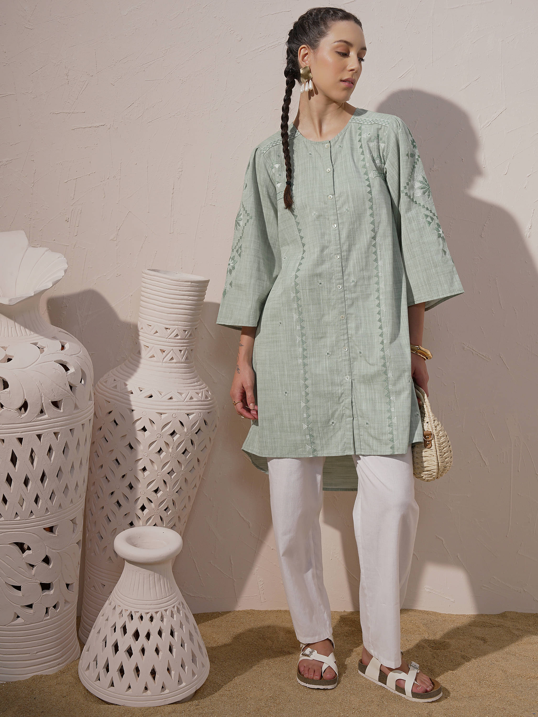 Vishudh Women 100% Cotton Printed A-line Kurti ( Green )     			Vishudh Women 100% Cotton Printed A-line Kurti ( Green )