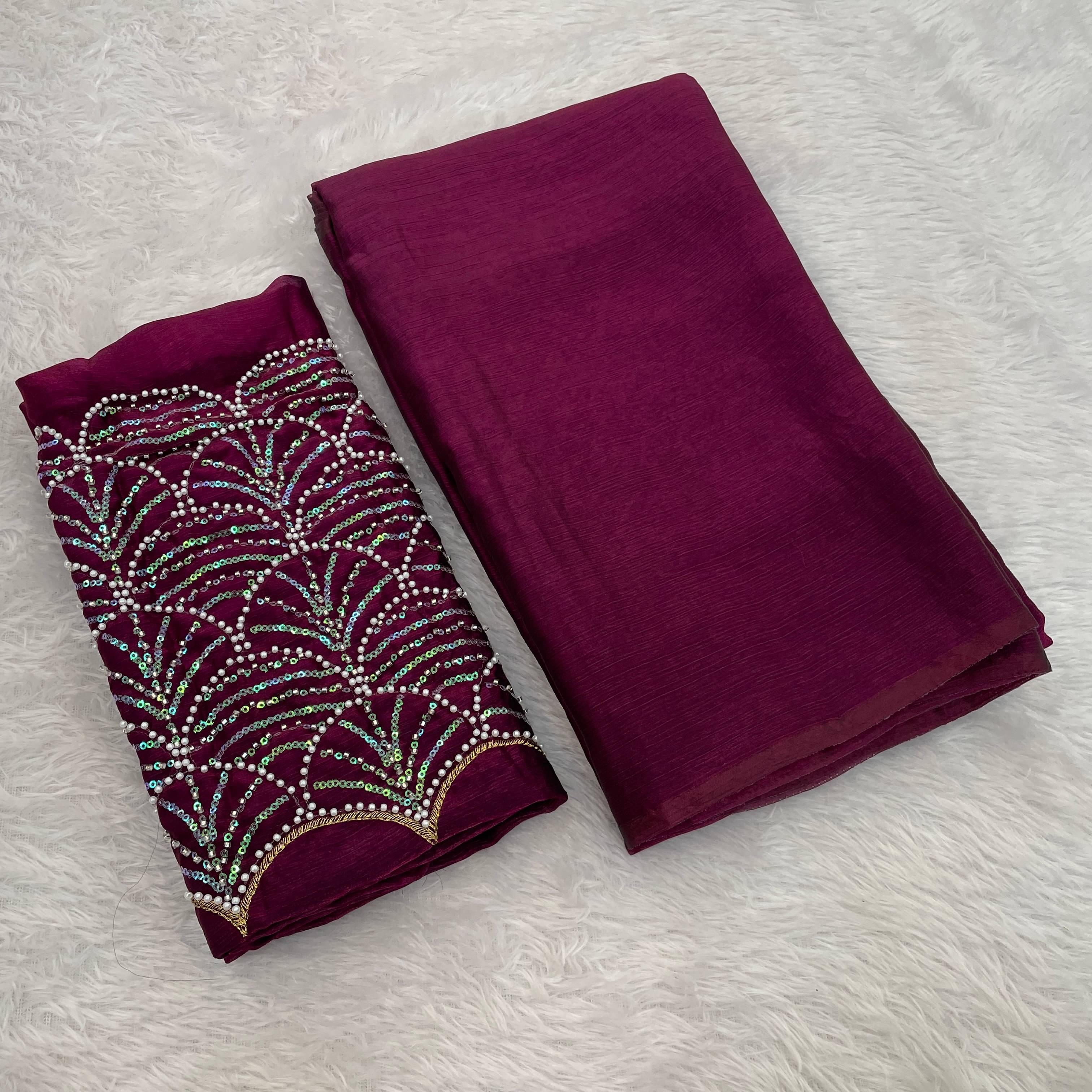 Kandora Chiffon Embroidered Regular Saree With Unstitched Blouse Piece ( Wine ) Kandora Chiffon Embroidered Regular Saree With Unstitched Blouse Piece ( Wine )