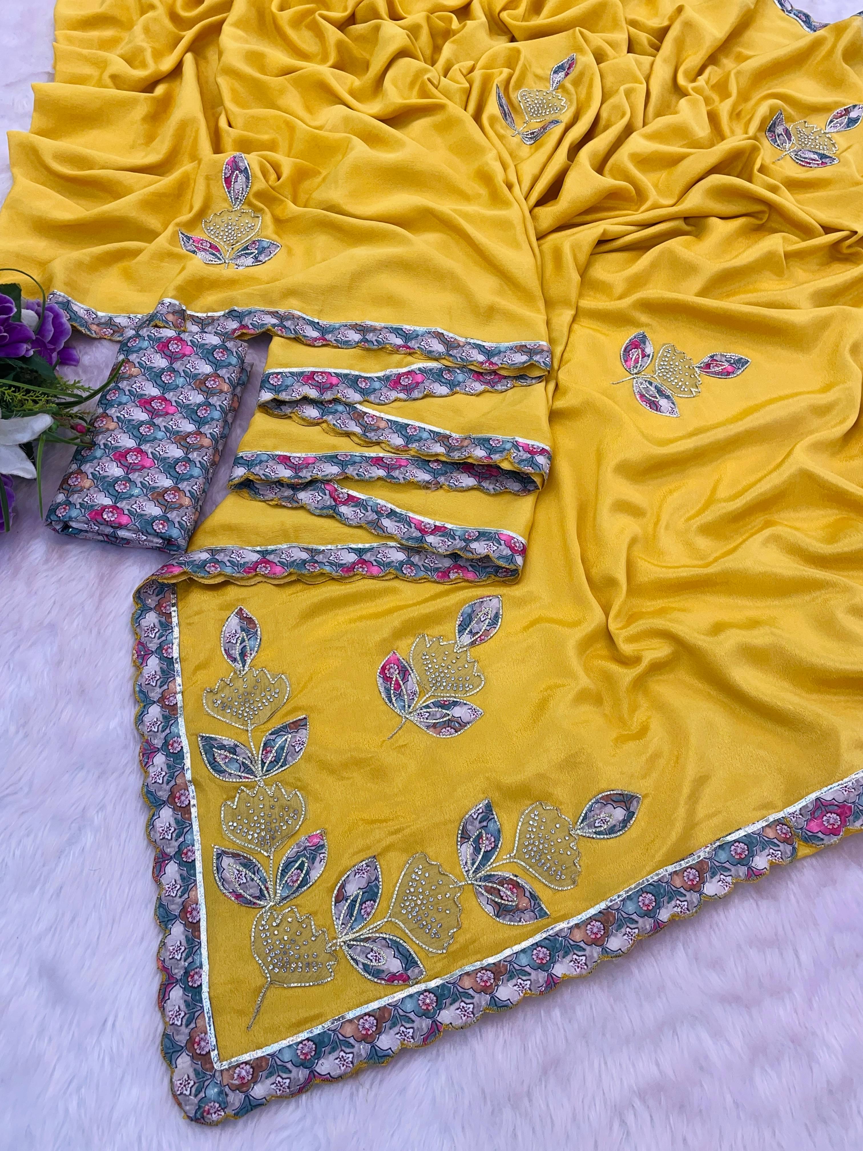     			Kandora Chiffon Embroidered Regular Saree With Unstitched Blouse Piece ( Yellow )
