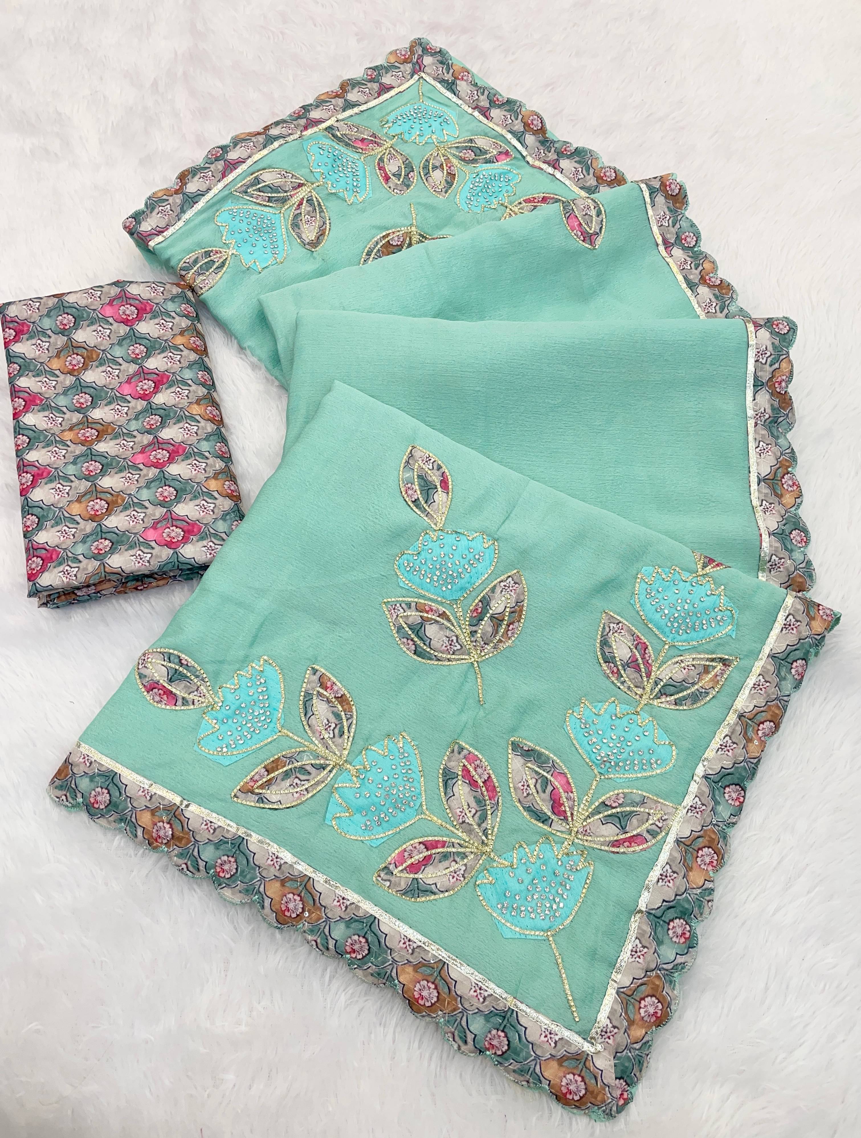 Kandora Chiffon Embroidered Regular Saree With Unstitched Blouse Piece ( Blue ) Kandora Chiffon Embroidered Regular Saree With Unstitched Blouse Piece ( Blue )