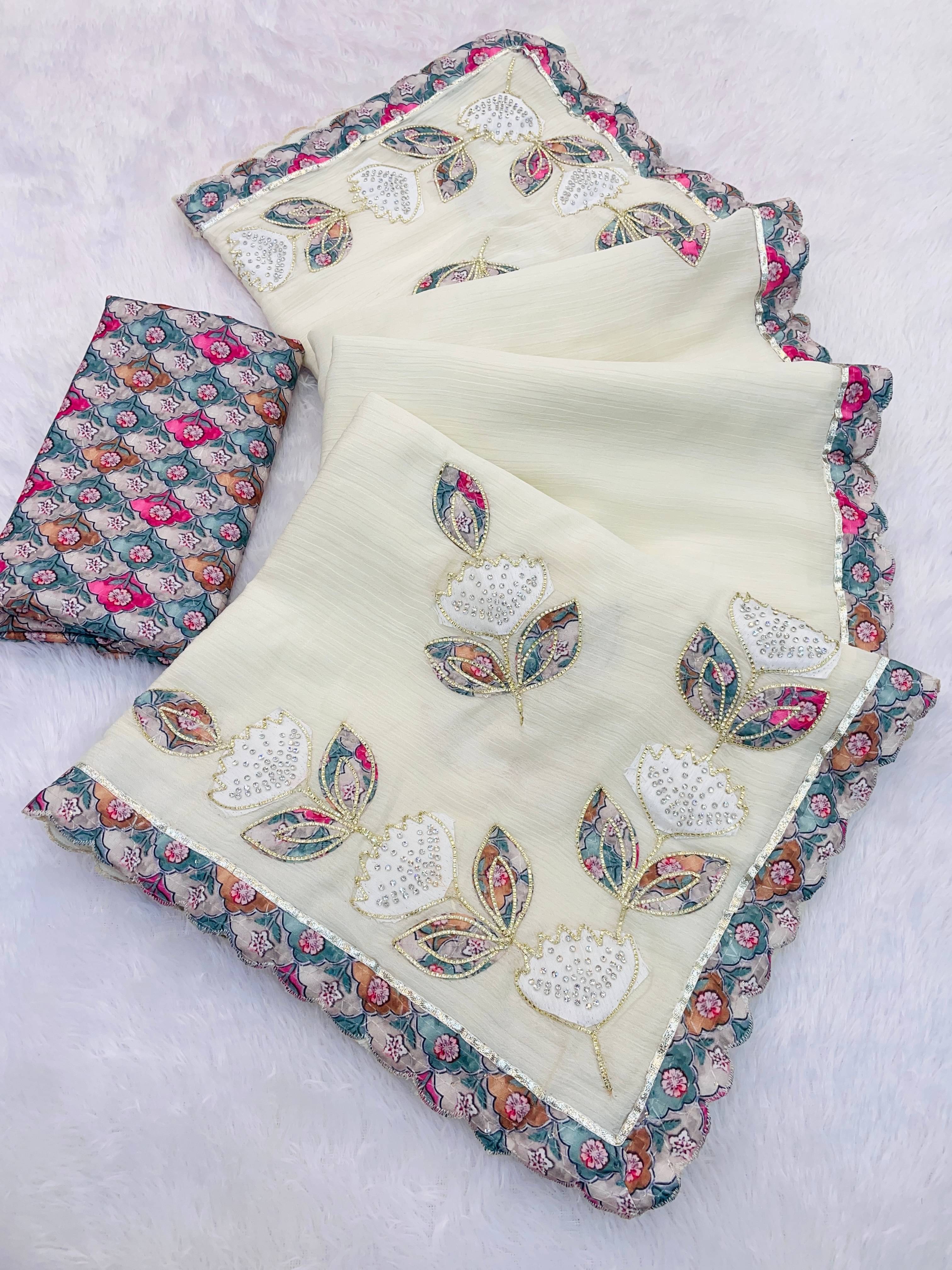 Kandora Chiffon Embroidered Regular Saree With Unstitched Blouse Piece ( White ) Kandora Chiffon Embroidered Regular Saree With Unstitched Blouse Piece ( White )