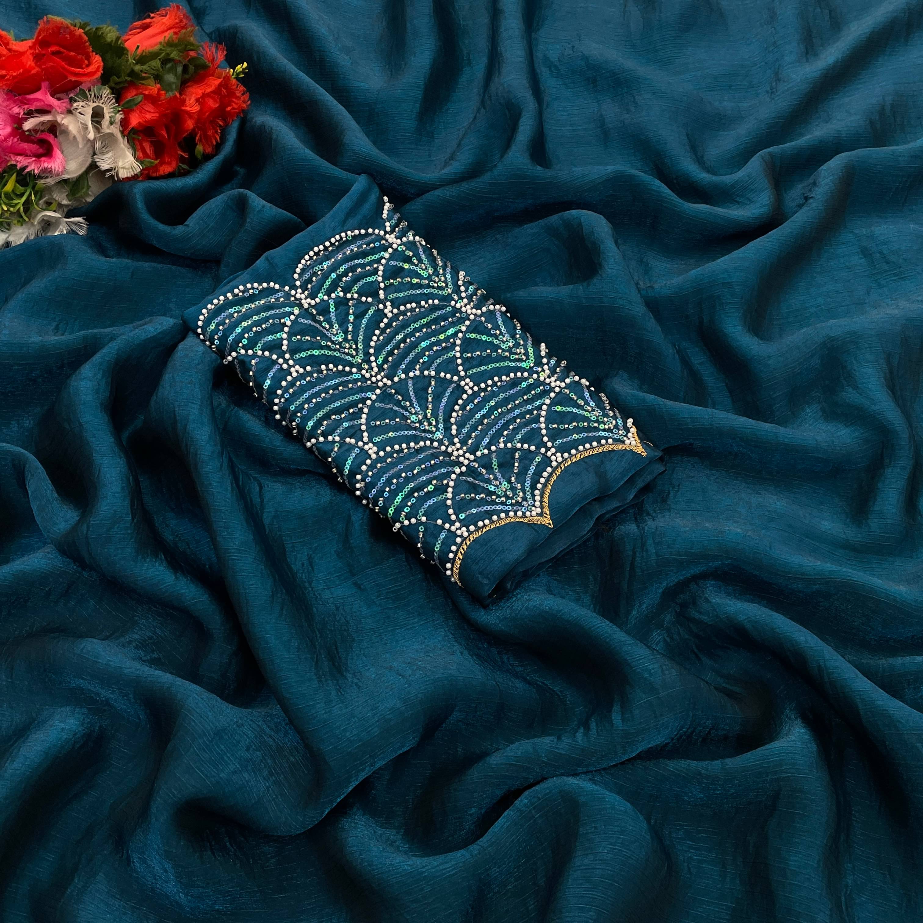 Kandora Chiffon Embroidered Regular Saree With Unstitched Blouse Piece ( Navy Blue ) Kandora Chiffon Embroidered Regular Saree With Unstitched Blouse Piece ( Navy Blue )