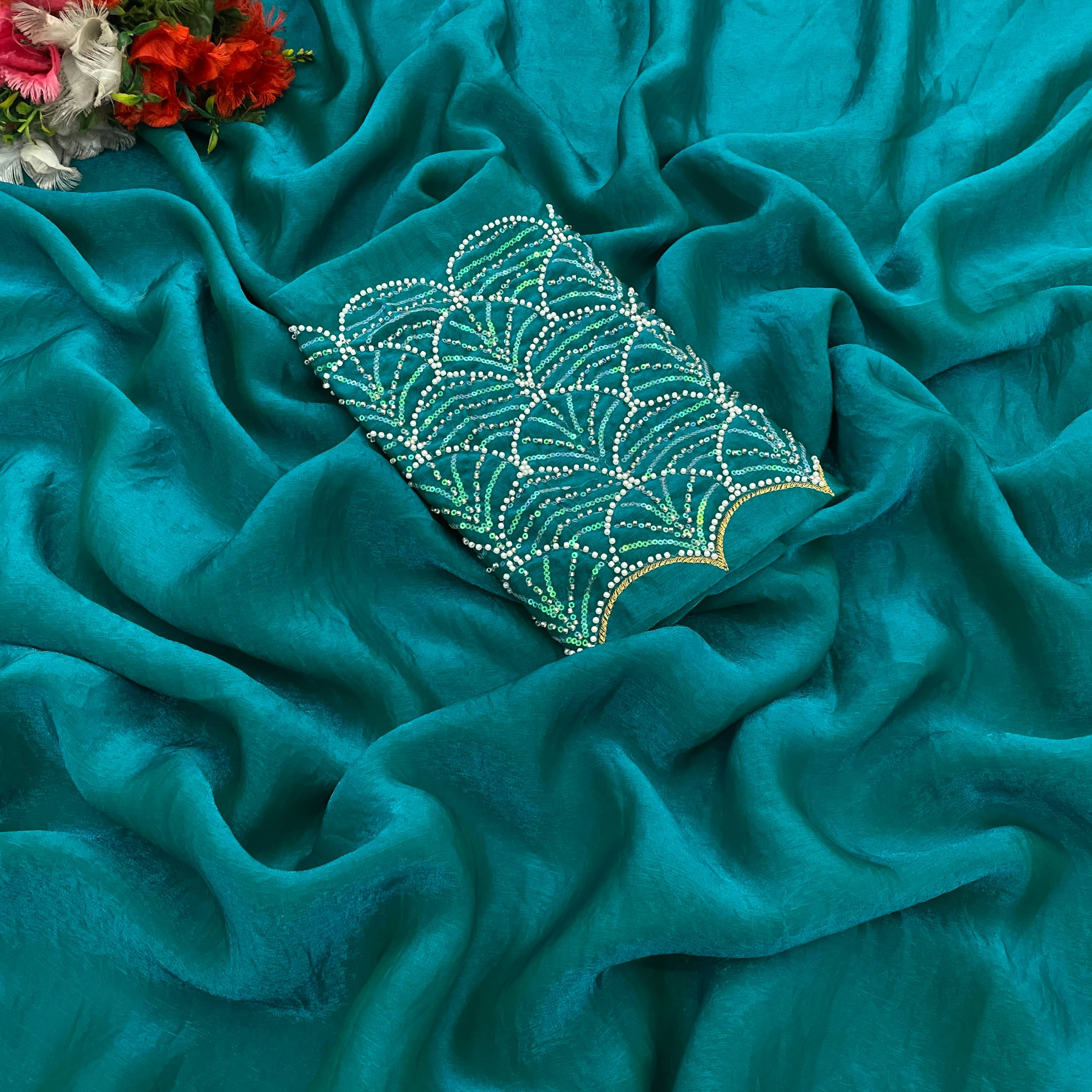     			Kandora Chiffon Embroidered Regular Saree With Unstitched Blouse Piece ( Blue )