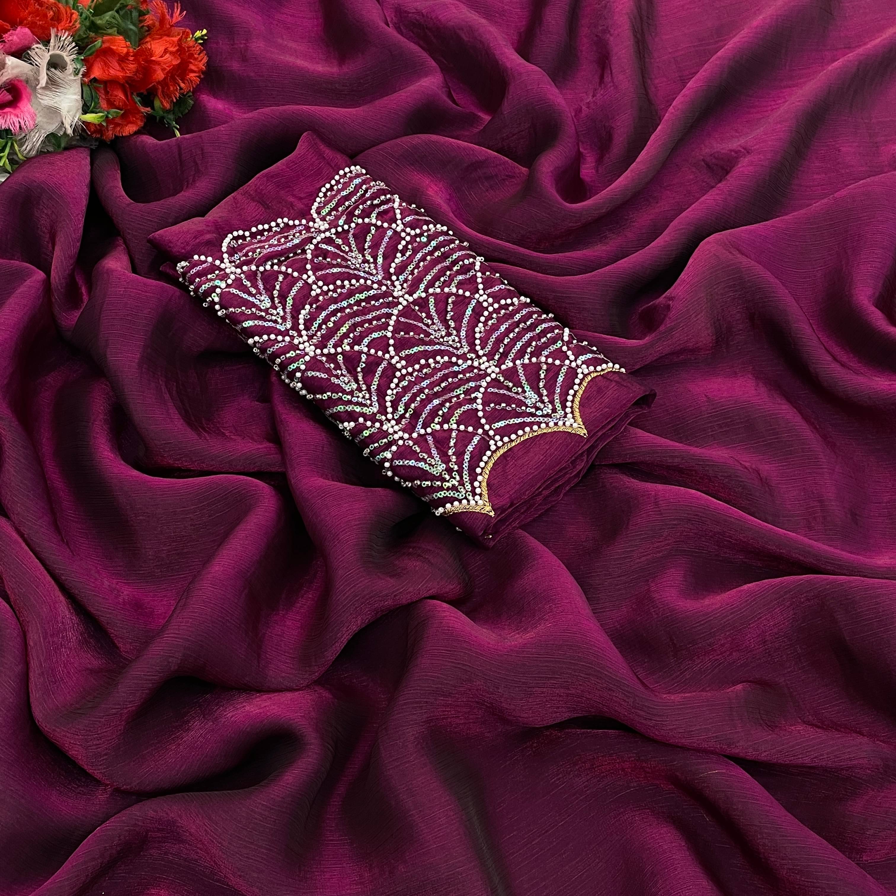     			Kandora Chiffon Embroidered Regular Saree With Unstitched Blouse Piece ( Wine )