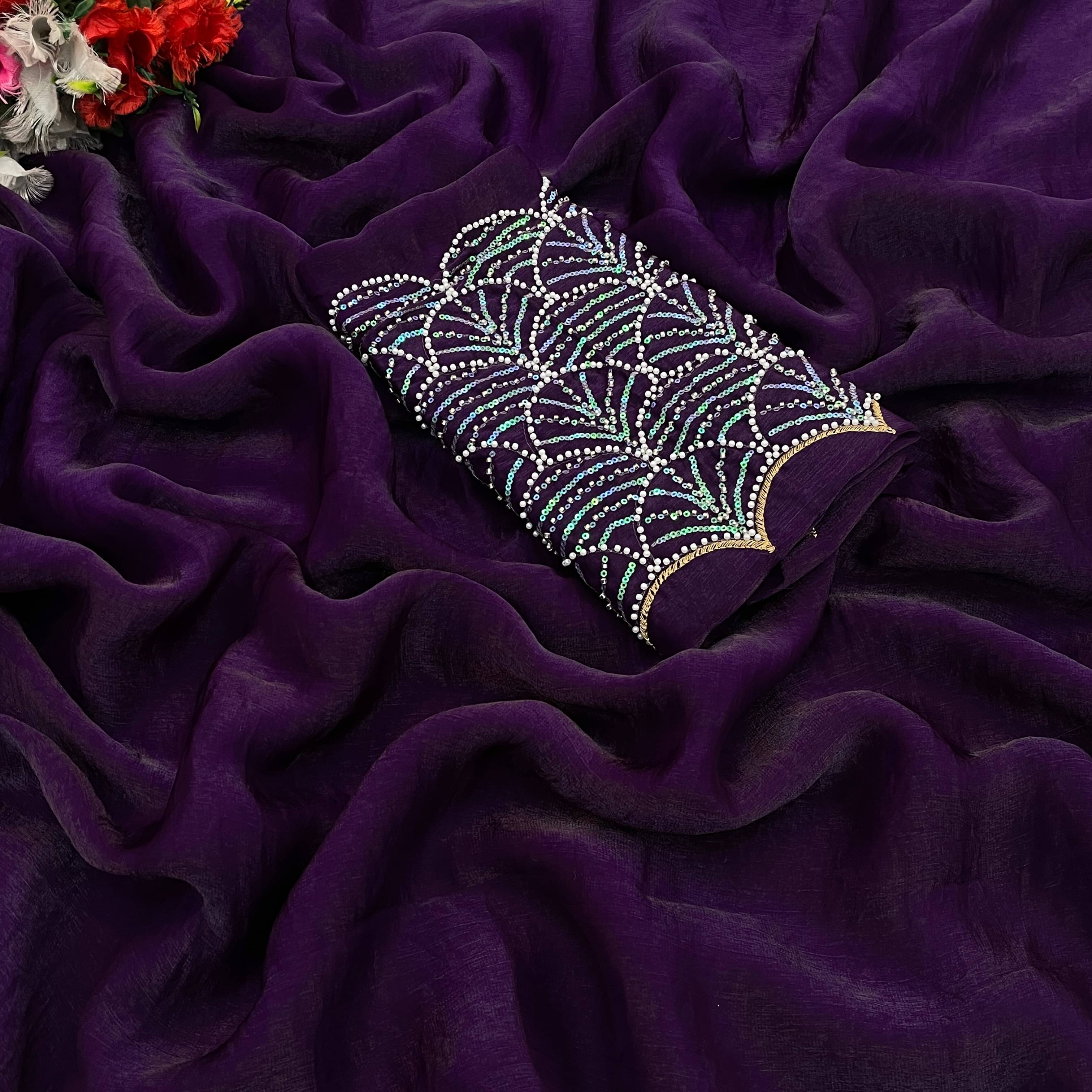 Kandora Chiffon Embroidered Regular Saree With Unstitched Blouse Piece ( Purple ) Kandora Chiffon Embroidered Regular Saree With Unstitched Blouse Piece ( Purple )