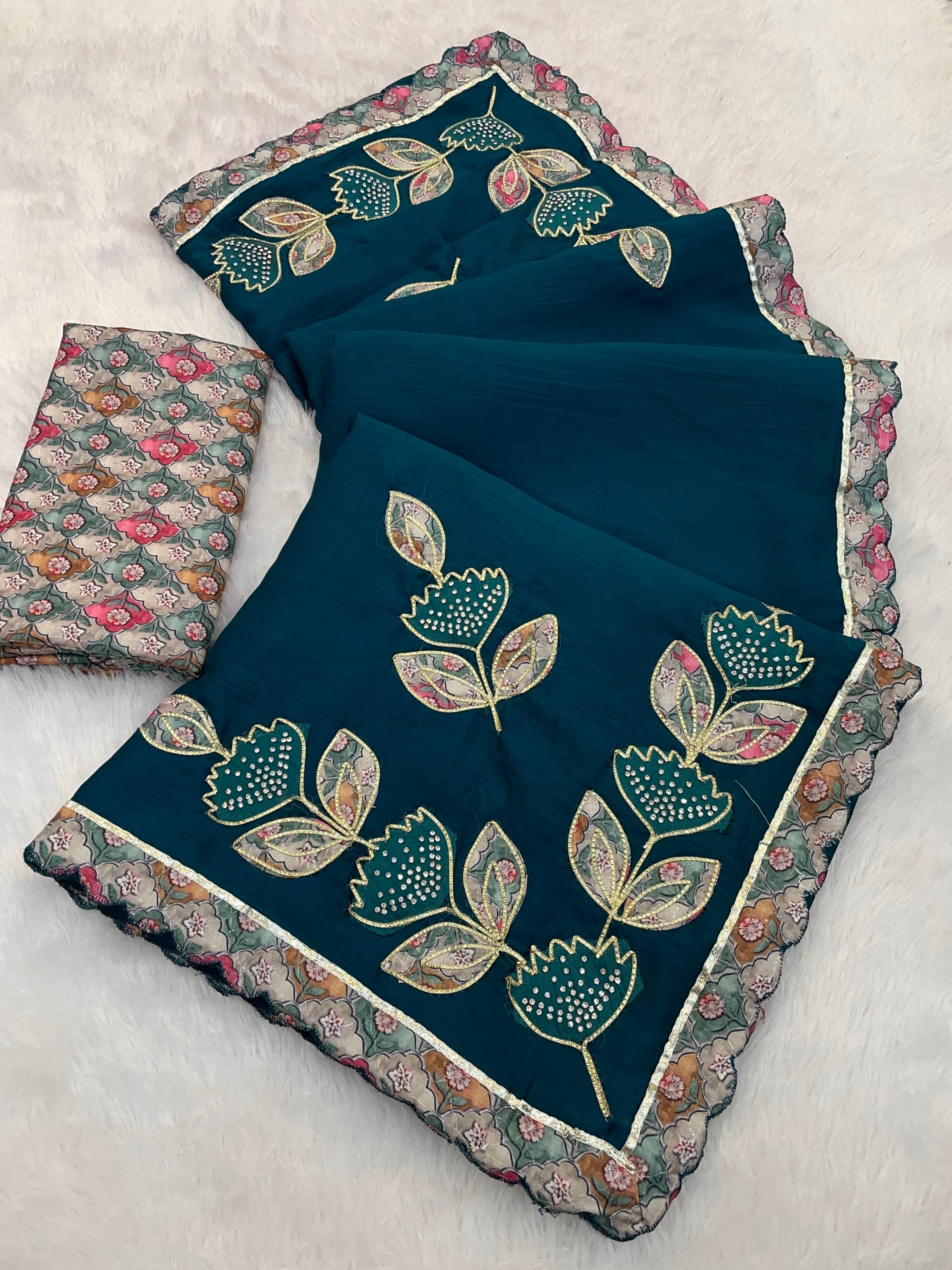     			Kandora Chiffon Embroidered Regular Saree With Unstitched Blouse Piece ( Teal )
