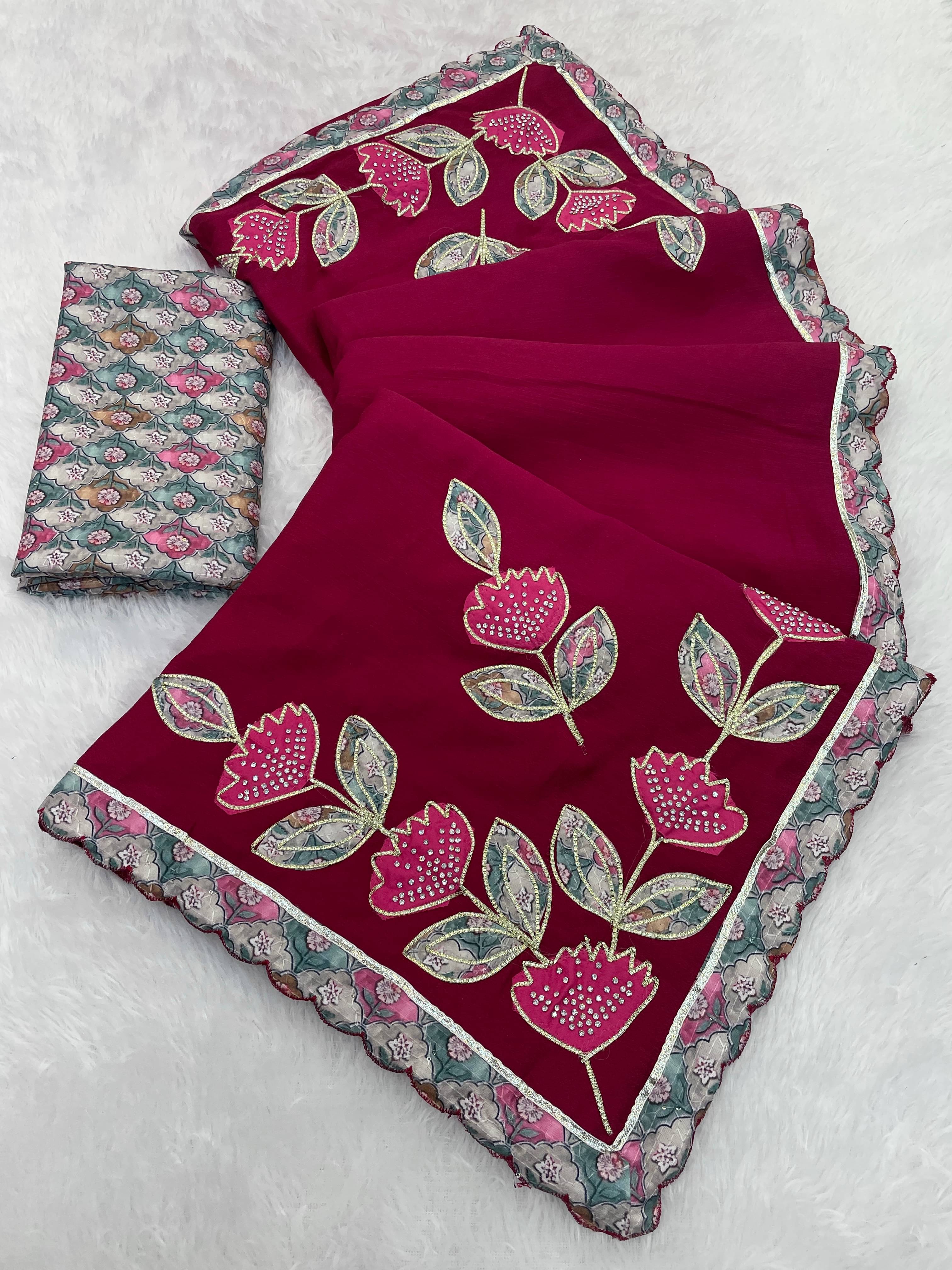     			Kandora Chiffon Embroidered Regular Saree With Unstitched Blouse Piece ( Red )