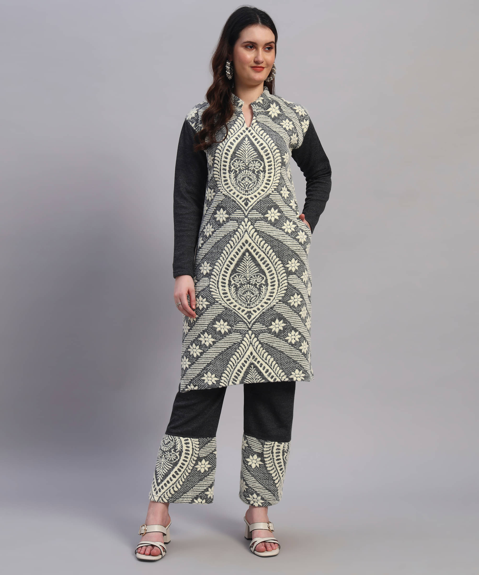     			Christy World Women Woollen Printed A-line Kurti With Pants ( Grey )