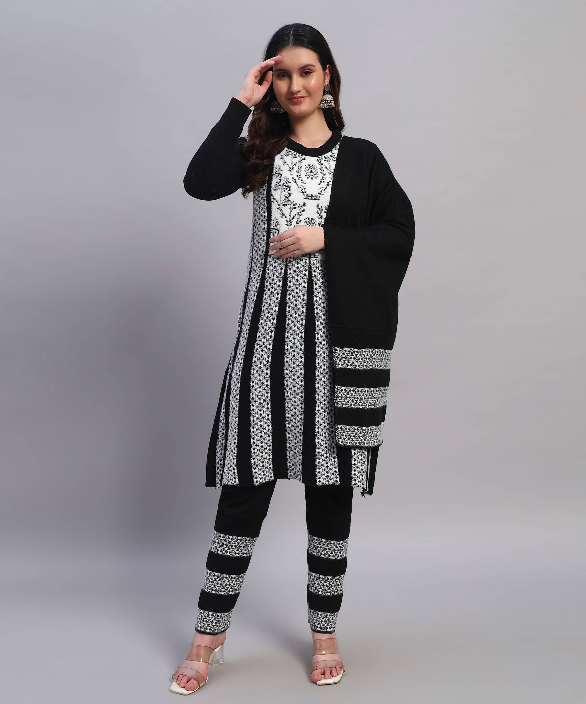Christy World Women Woollen Printed A-line Kurti With Pants ( Black ) Christy World Women Woollen Printed A-line Kurti With Pants ( Black )