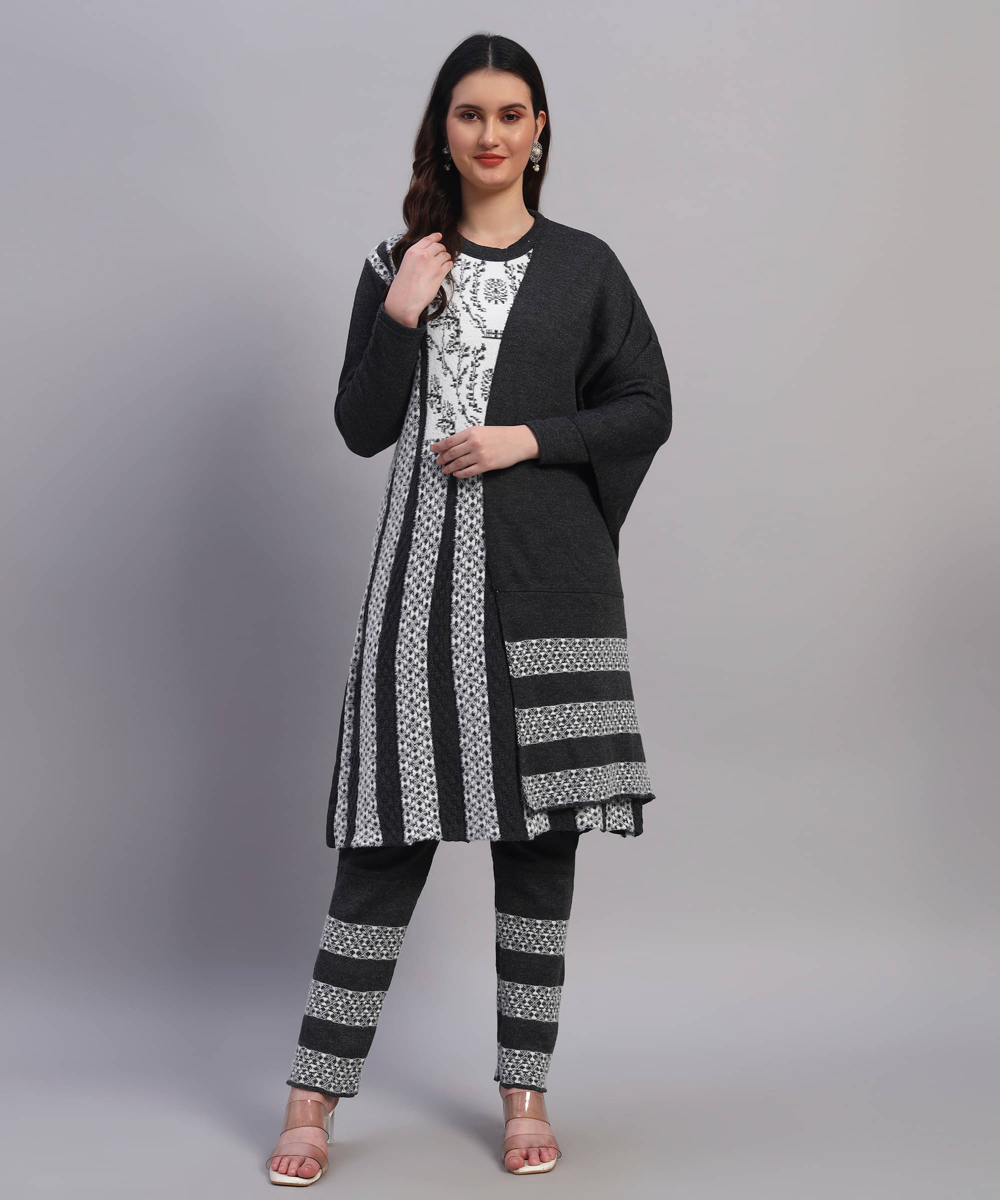 Christy World Women Woollen Printed A-line Kurti With Pants ( Grey ) Christy World Women Woollen Printed A-line Kurti With Pants ( Grey )