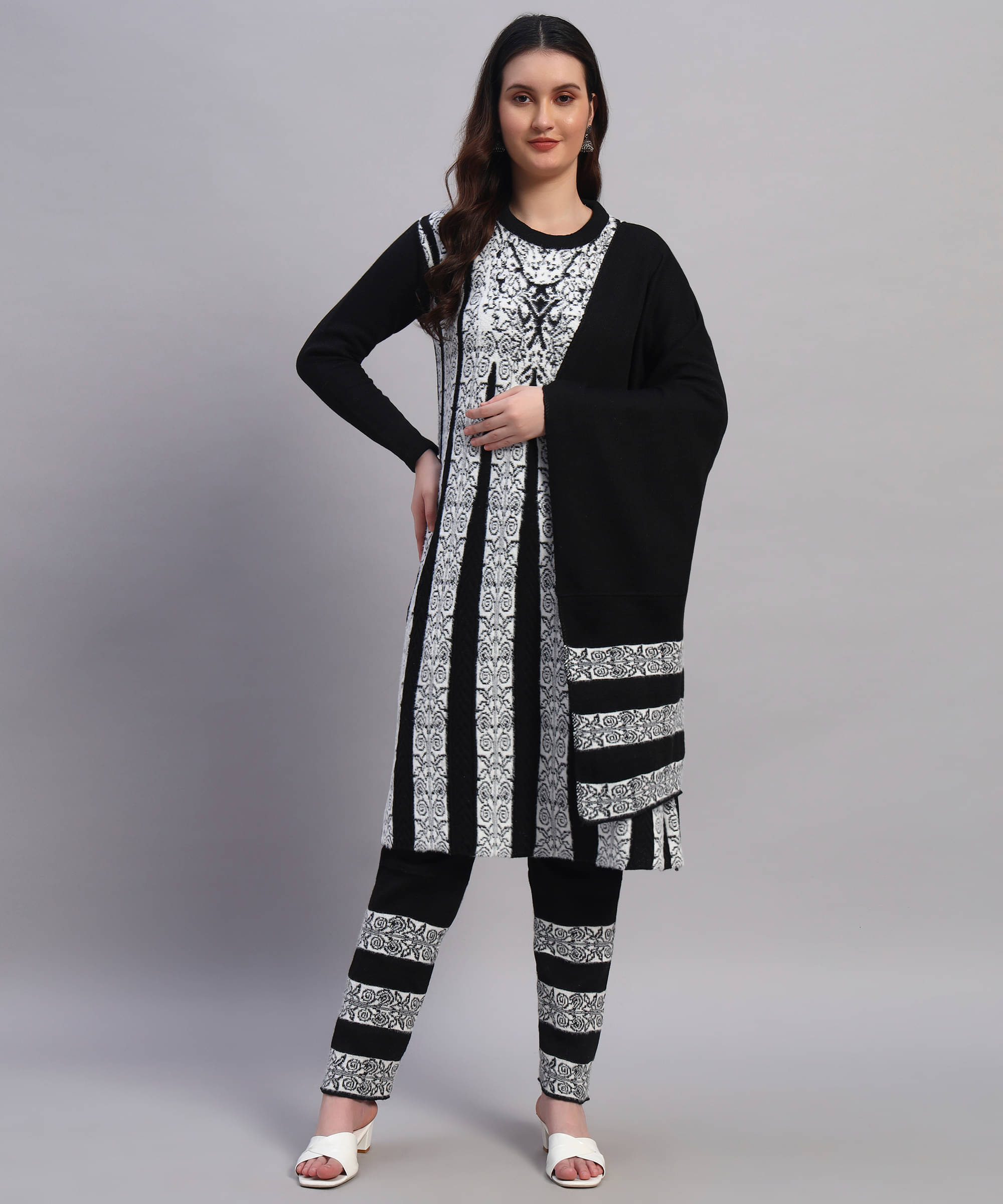 Christy World Women Woollen Printed A-line Kurti With Pants ( Black ) Christy World Women Woollen Printed A-line Kurti With Pants ( Black )