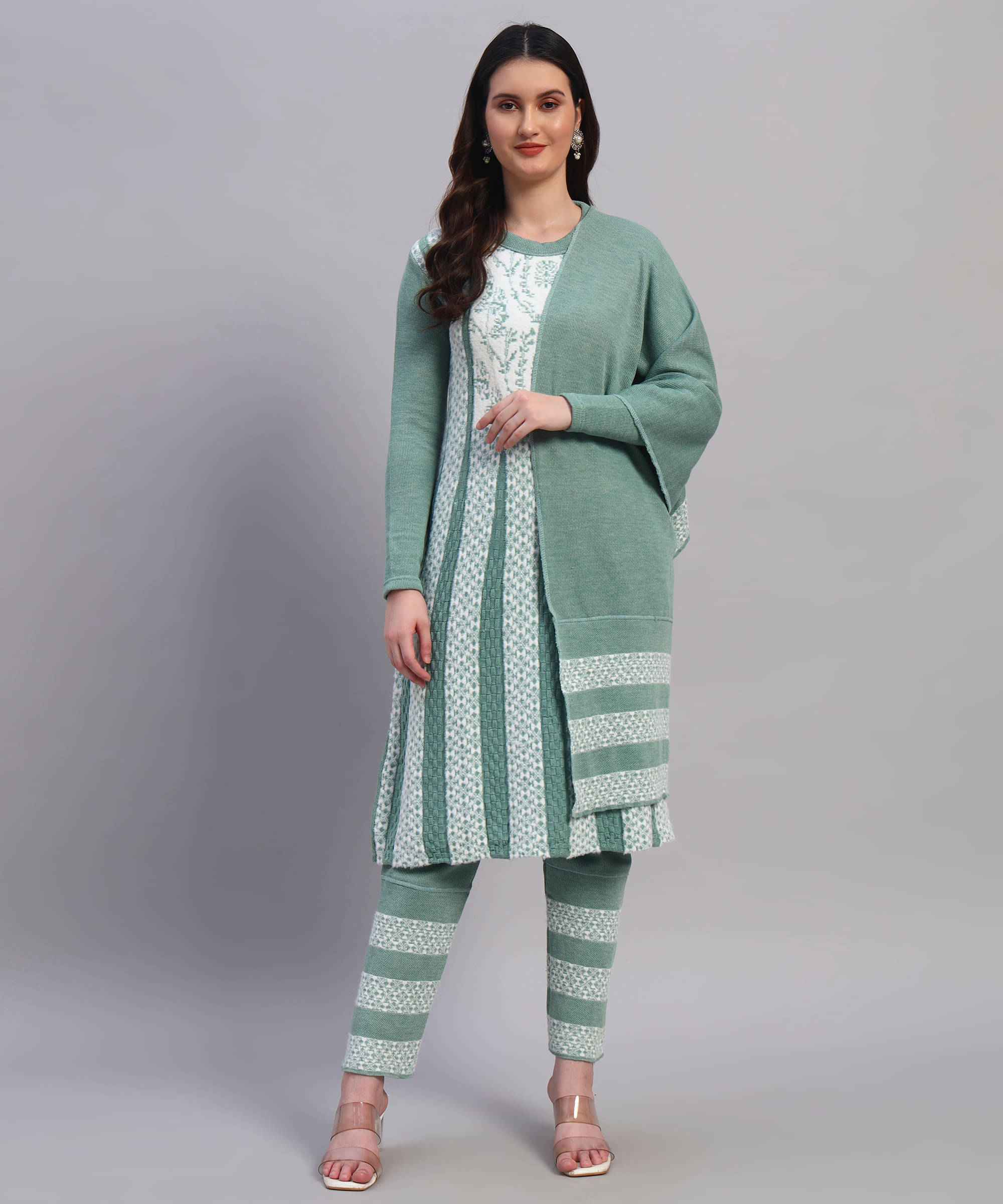 Christy World Women Woollen Printed A-line Kurti With Pants ( Light Green ) Christy World Women Woollen Printed A-line Kurti With Pants ( Light Green )
