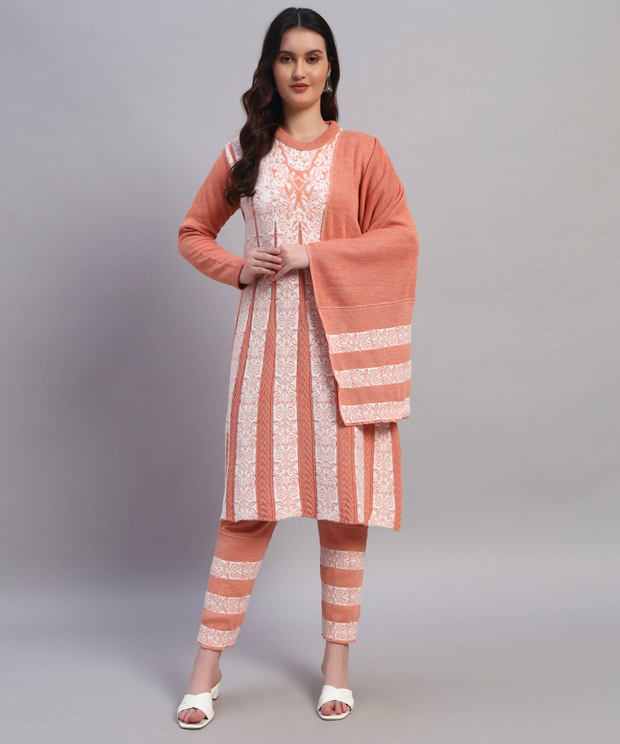 Christy World Women Woollen Printed A-line Kurti With Pants ( Peach ) Christy World Women Woollen Printed A-line Kurti With Pants ( Peach )