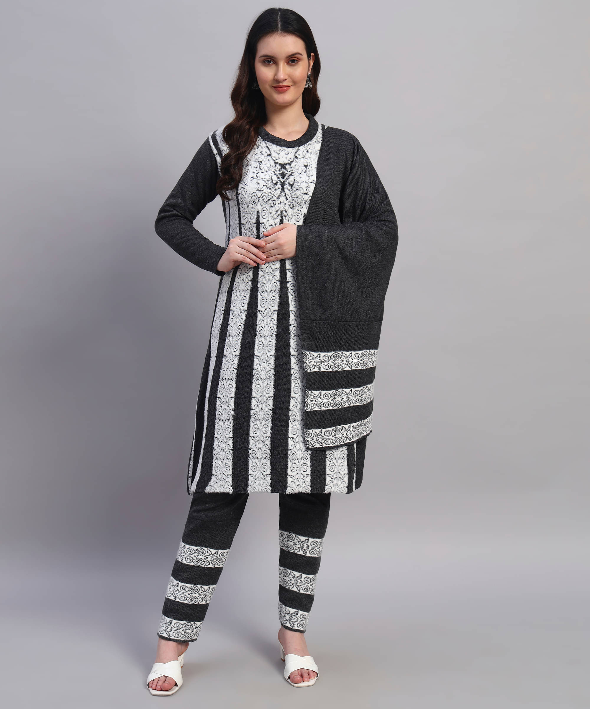 Christy World Women Woollen Printed A-line Kurti With Pants ( Grey ) Christy World Women Woollen Printed A-line Kurti With Pants ( Grey )