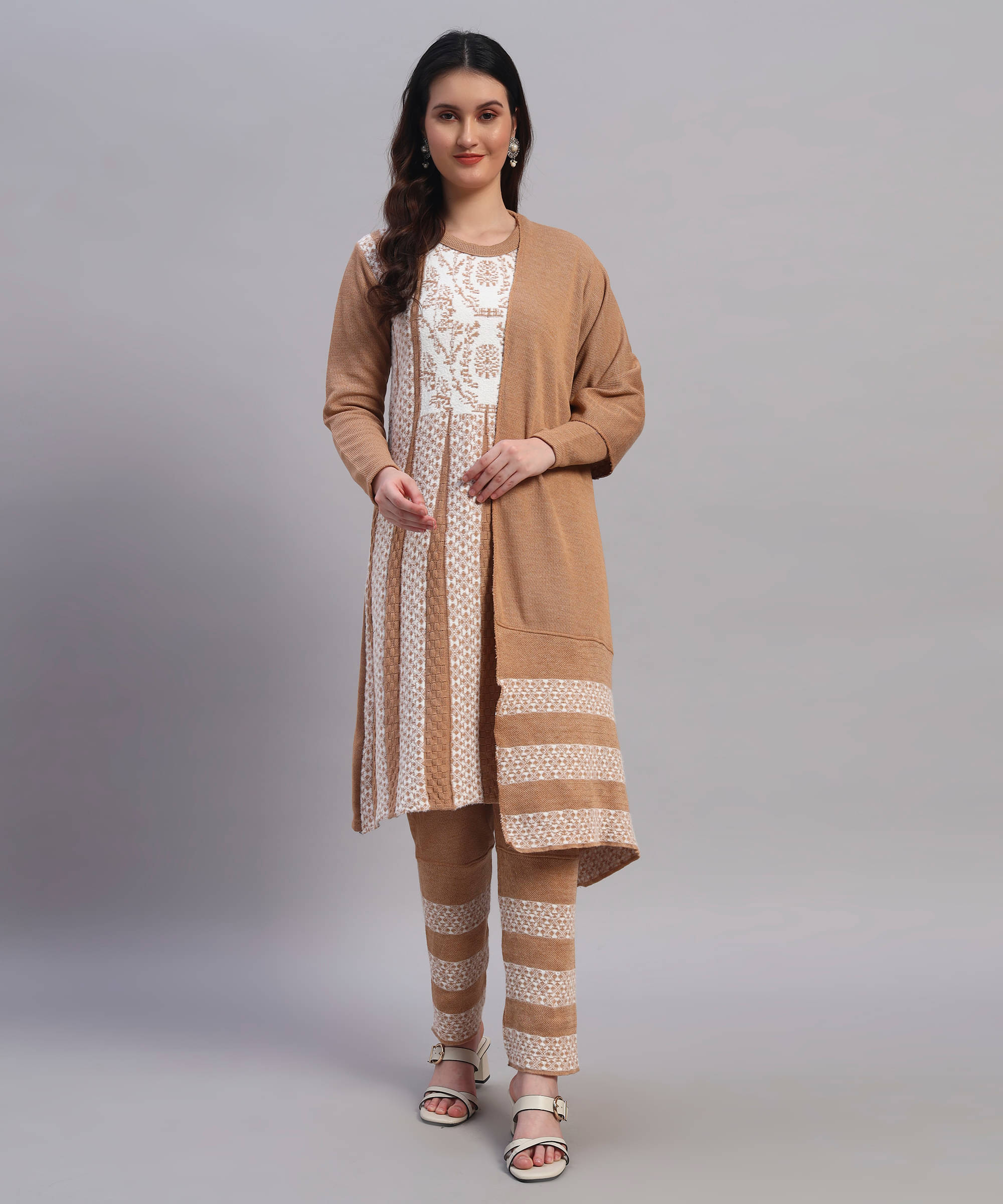 Christy World Women Woollen Printed A-line Kurti With Pants ( Beige ) Christy World Women Woollen Printed A-line Kurti With Pants ( Beige )