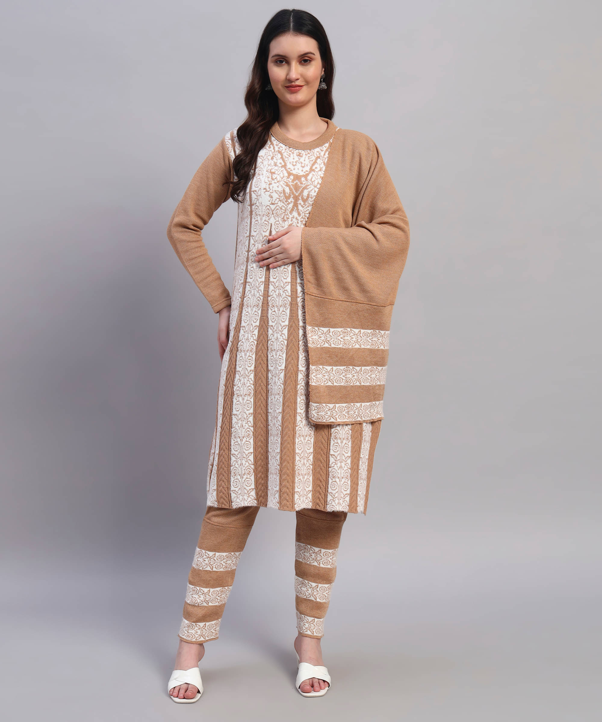 Christy World Women Woollen Printed A-line Kurti With Pants ( Beige ) Christy World Women Woollen Printed A-line Kurti With Pants ( Beige )