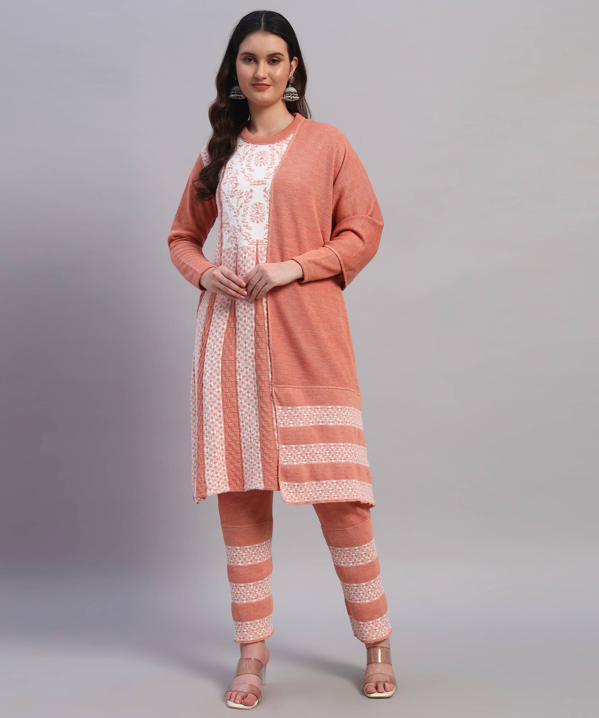Christy World Women Woollen Printed A-line Kurti With Pants ( Peach ) Christy World Women Woollen Printed A-line Kurti With Pants ( Peach )