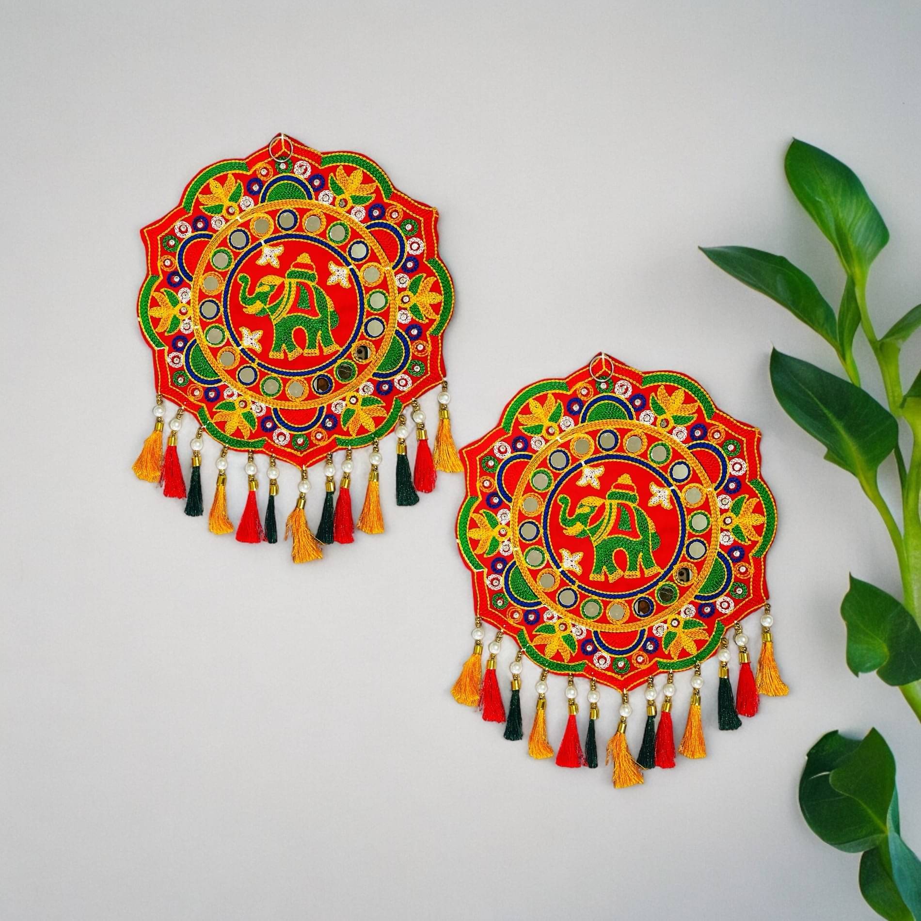 Decorative Elephant Wall Hanging for Home Decor (Set of 2) | Handmade Kachchhi Work with Mirror & Bead Embroidery Decorative Elephant Wall Hanging for Home Decor (Set of 2) | Handmade Kachchhi Work with Mirror & Bead Embroidery