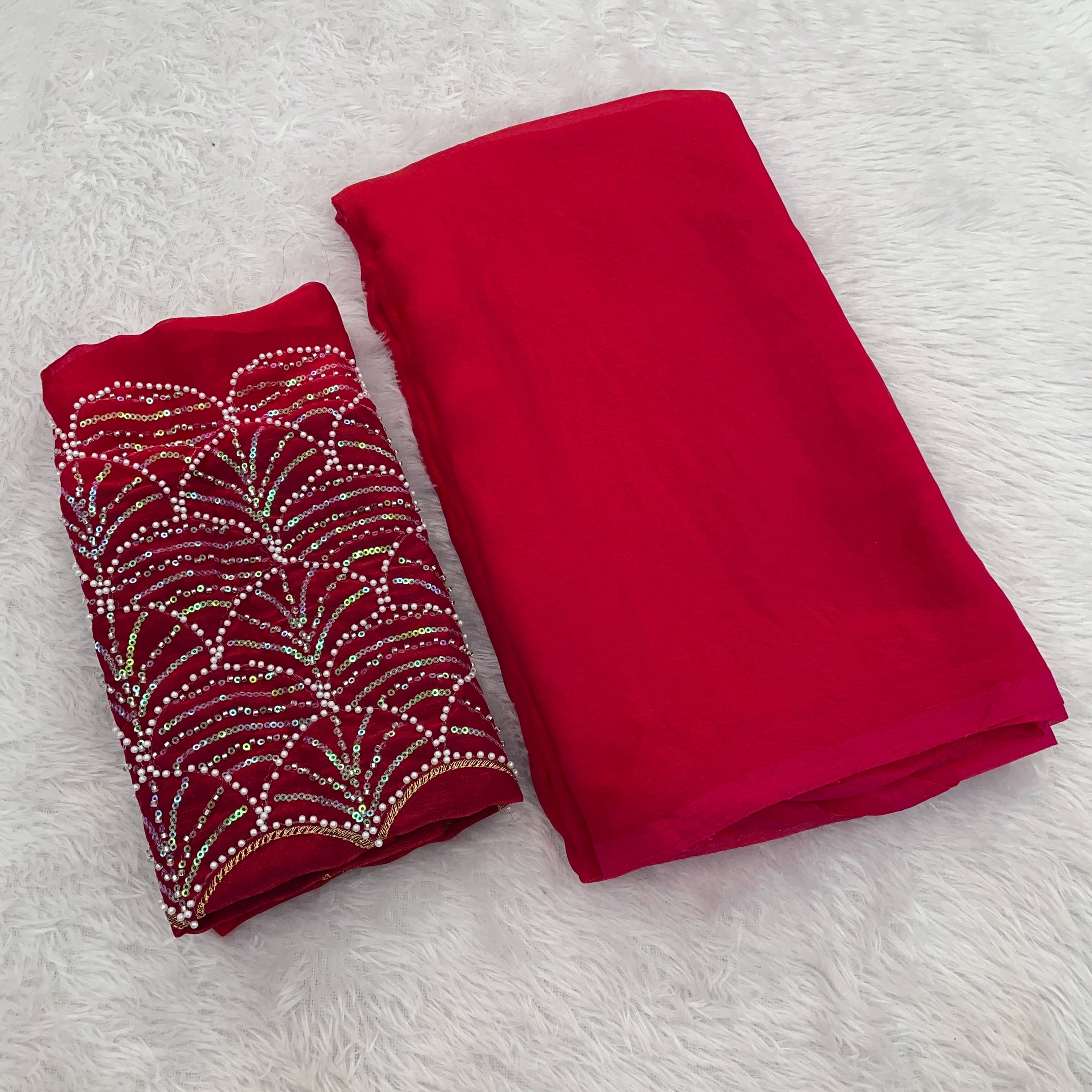     			ETHINA Chiffon Embroidered Regular Saree With Unstitched Blouse Piece ( Pink )