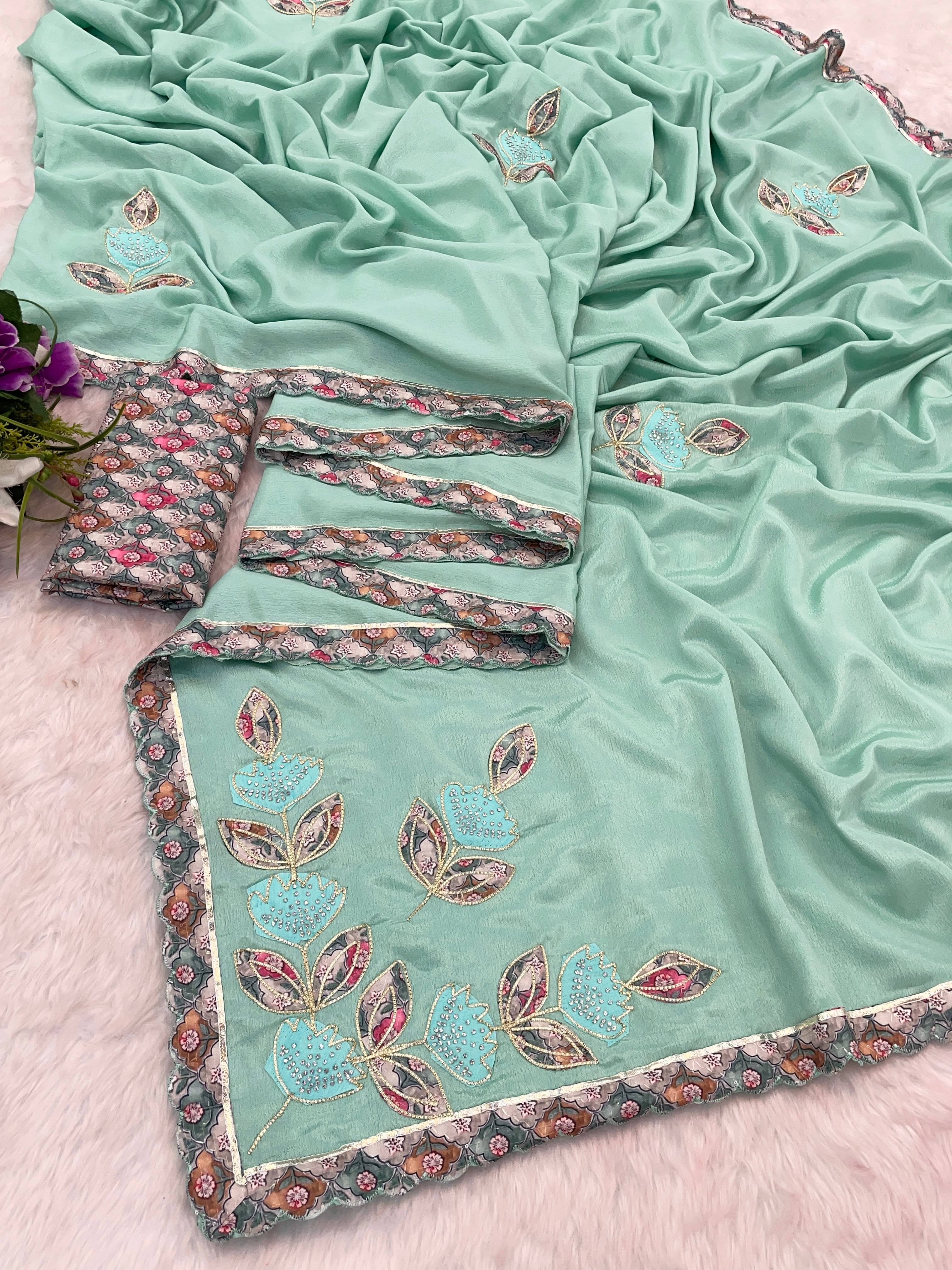 ETHINA Chiffon Embroidered Regular Saree With Unstitched Blouse Piece ( Blue ) ETHINA Chiffon Embroidered Regular Saree With Unstitched Blouse Piece ( Blue )