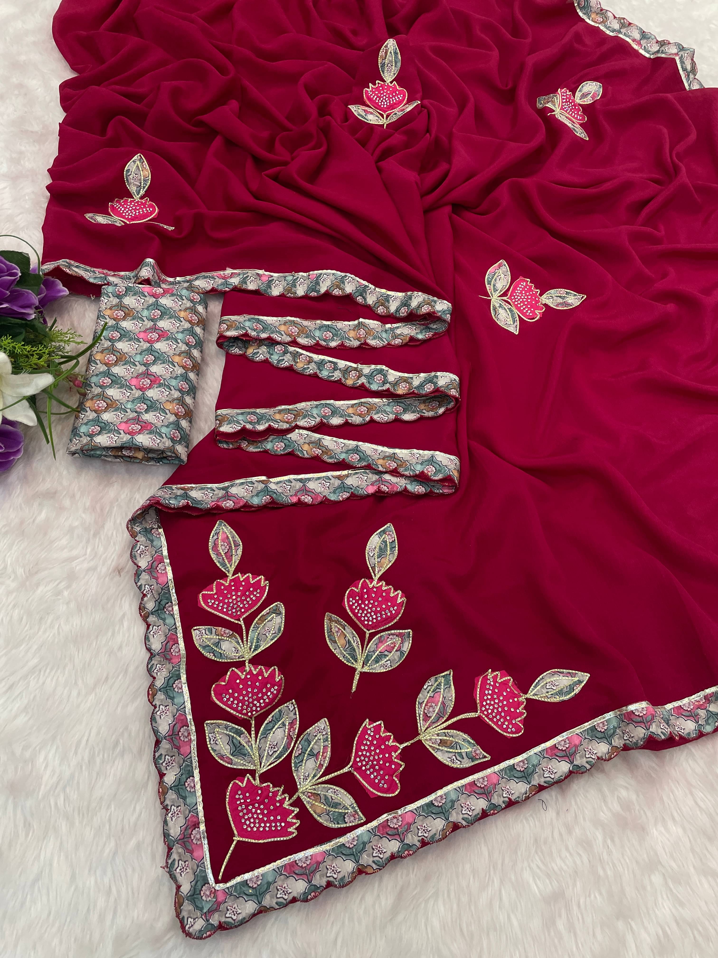     			ETHINA Chiffon Embroidered Regular Saree With Unstitched Blouse Piece ( Red )