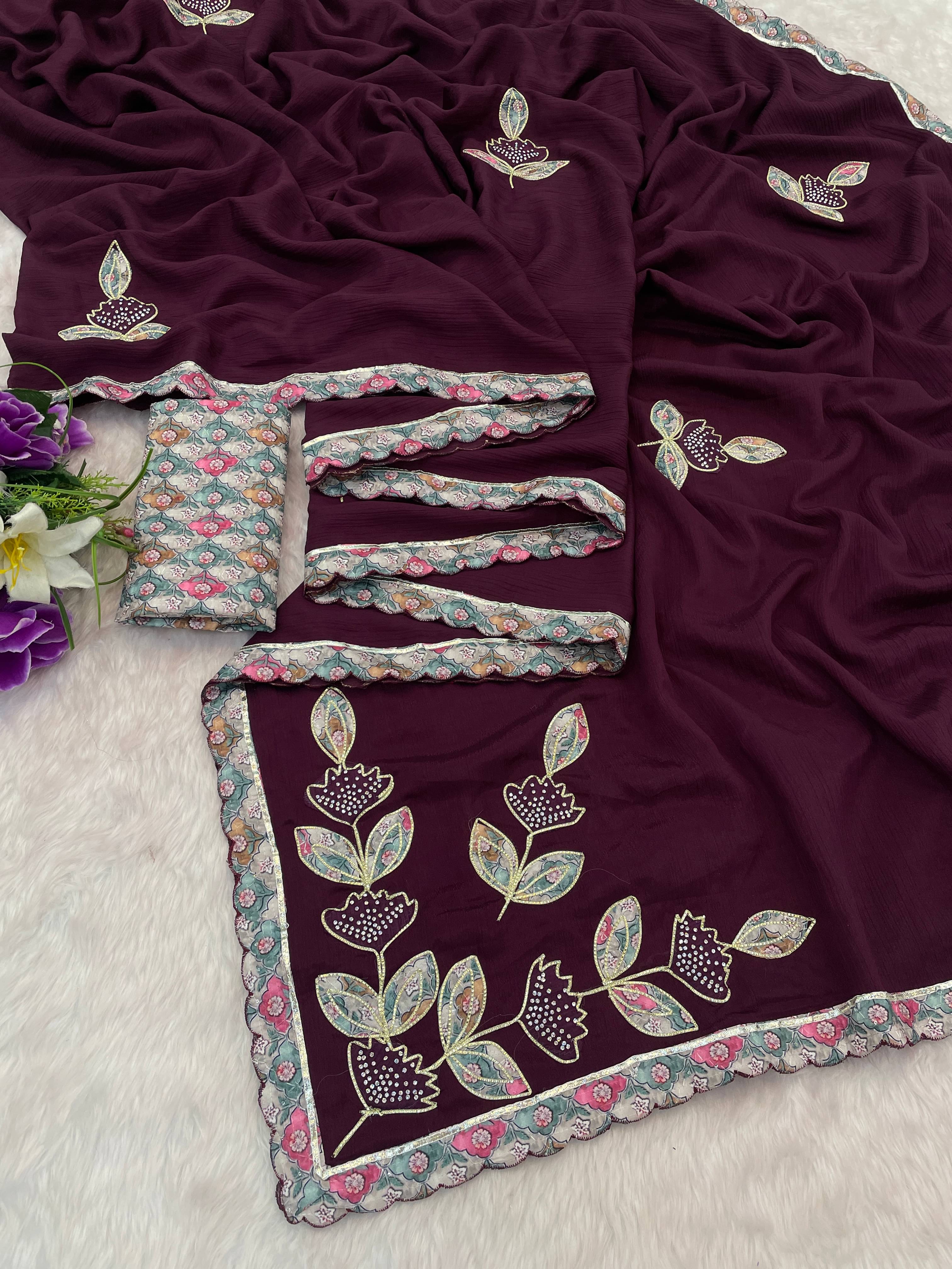 Elite Fashion Chiffon Embroidered Regular Saree With Unstitched Blouse Piece ( Wine ) Elite Fashion Chiffon Embroidered Regular Saree With Unstitched Blouse Piece ( Wine )
